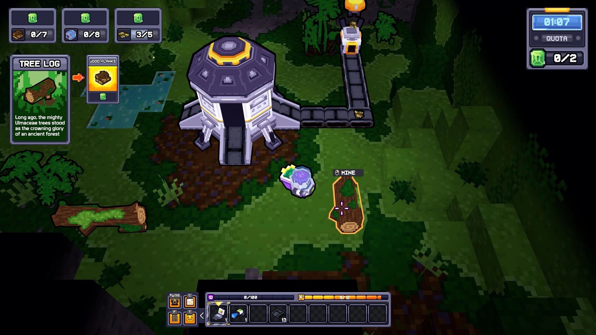 We Build Below: Mining a tree log near a landing pod and conveyor belt in a forest clearing UI visible.
