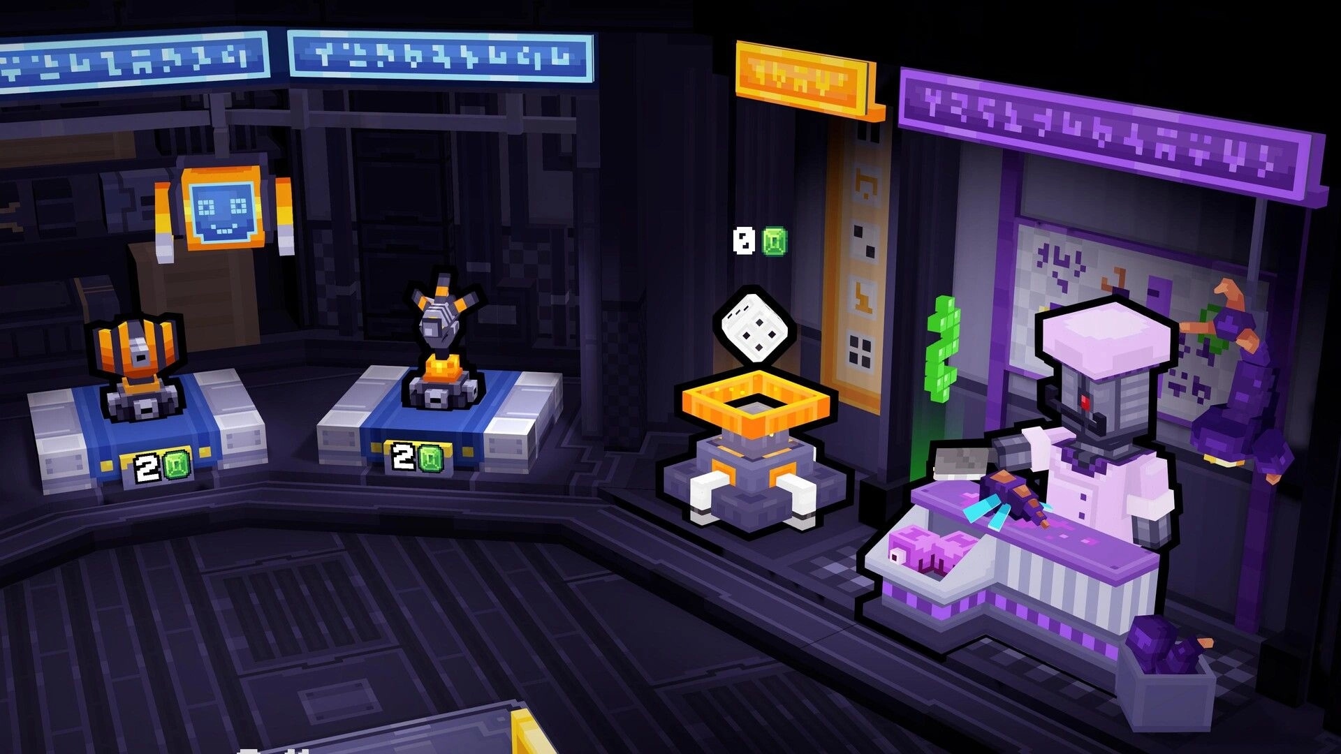 We Build Below: Robot vendor at purple counter with gadgets and coin icons in neon-lit shop bay.