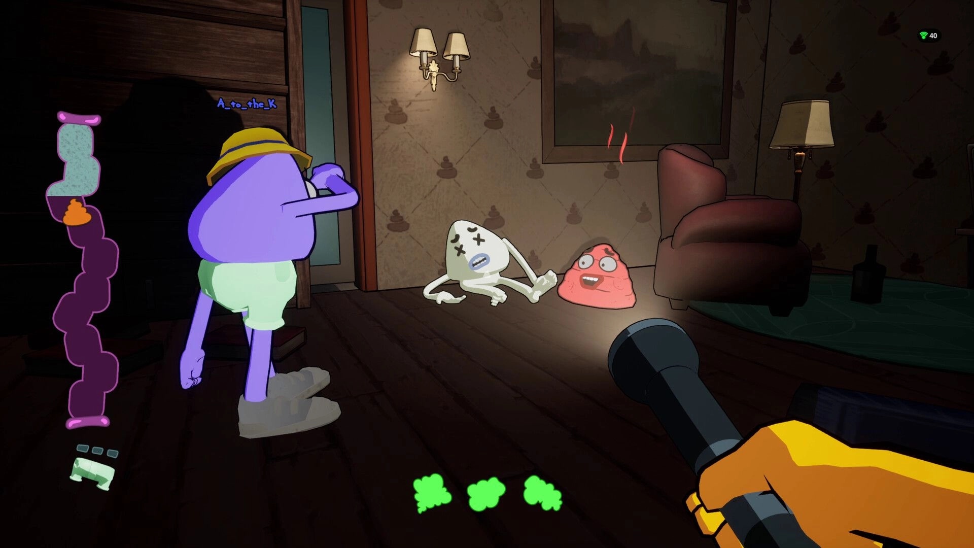 We Gotta Go: Player character with flashlight faces ghost and slime in haunted mansion room