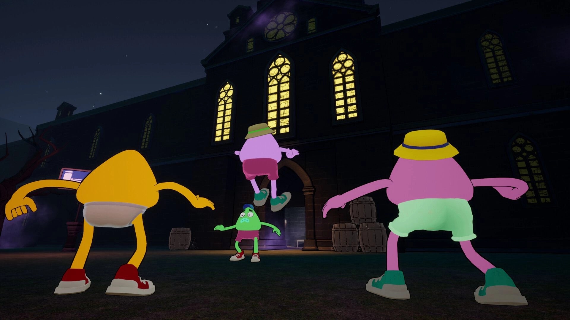 We Gotta Go: Four quirky characters approach a haunted mansion's illuminated entrance at night.