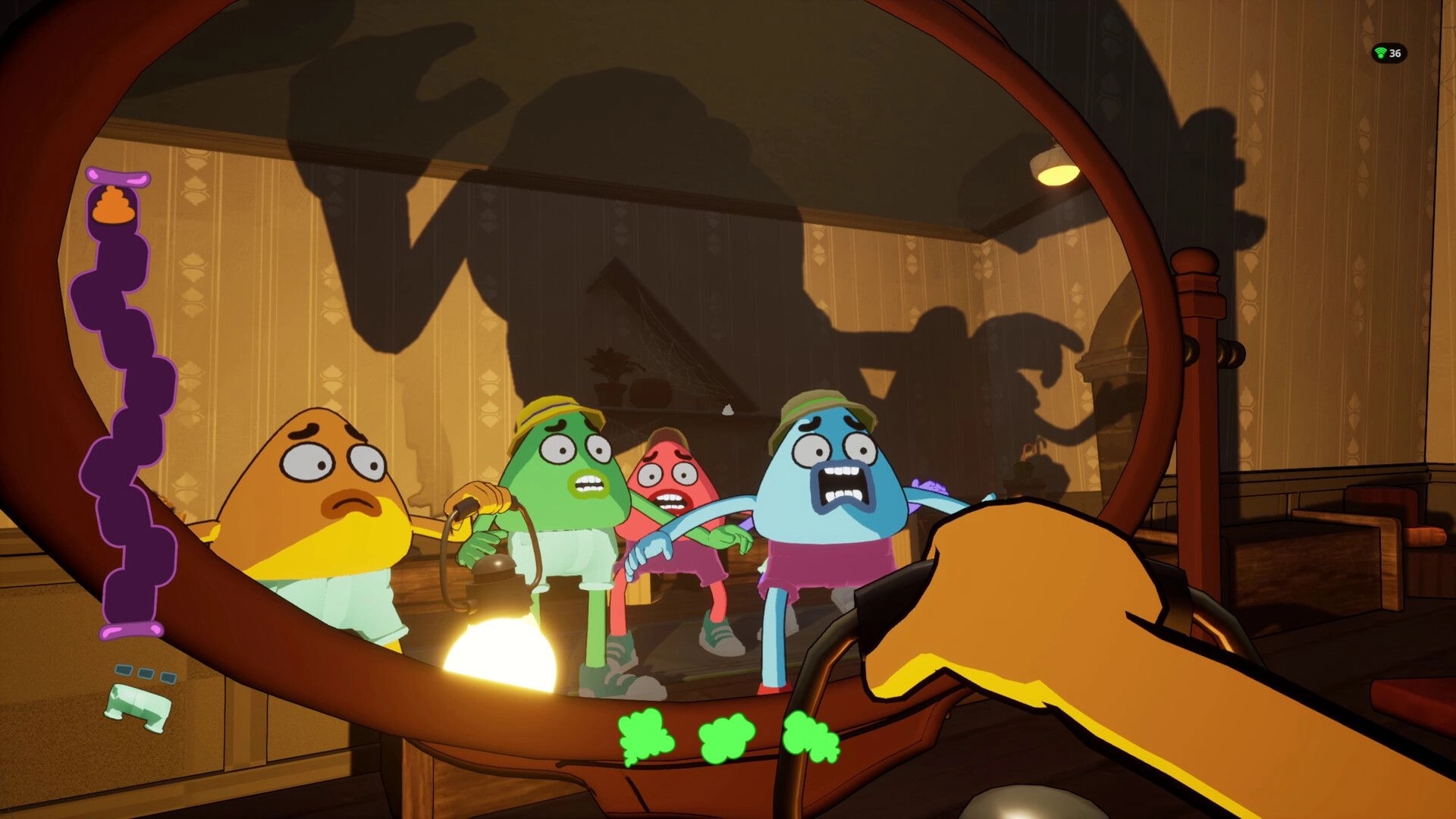 We Gotta Go: Four characters holding hands in a haunted room with shadow monsters lurking nearby.