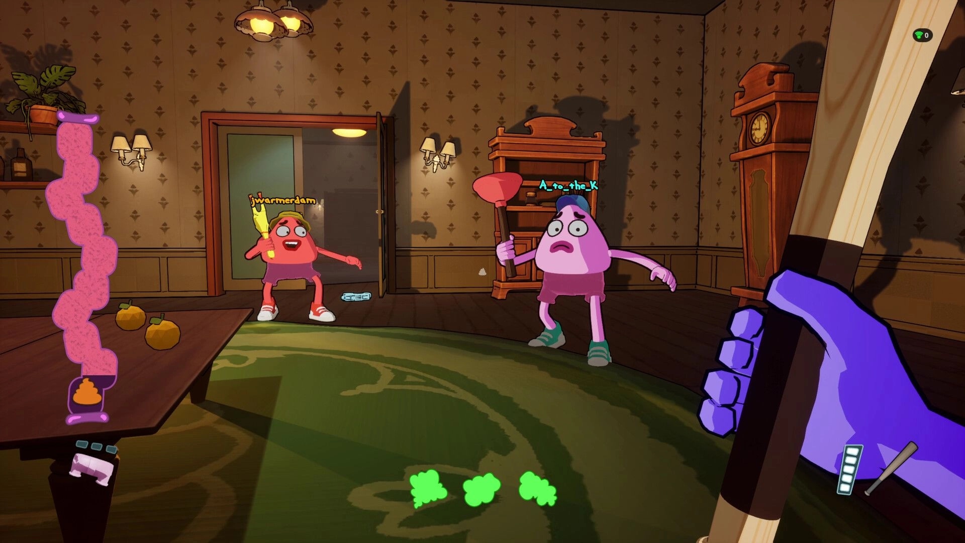 We Gotta Go: Characters jwarmerdam and A_to_the_K in haunted mansion room holding items in pursuit