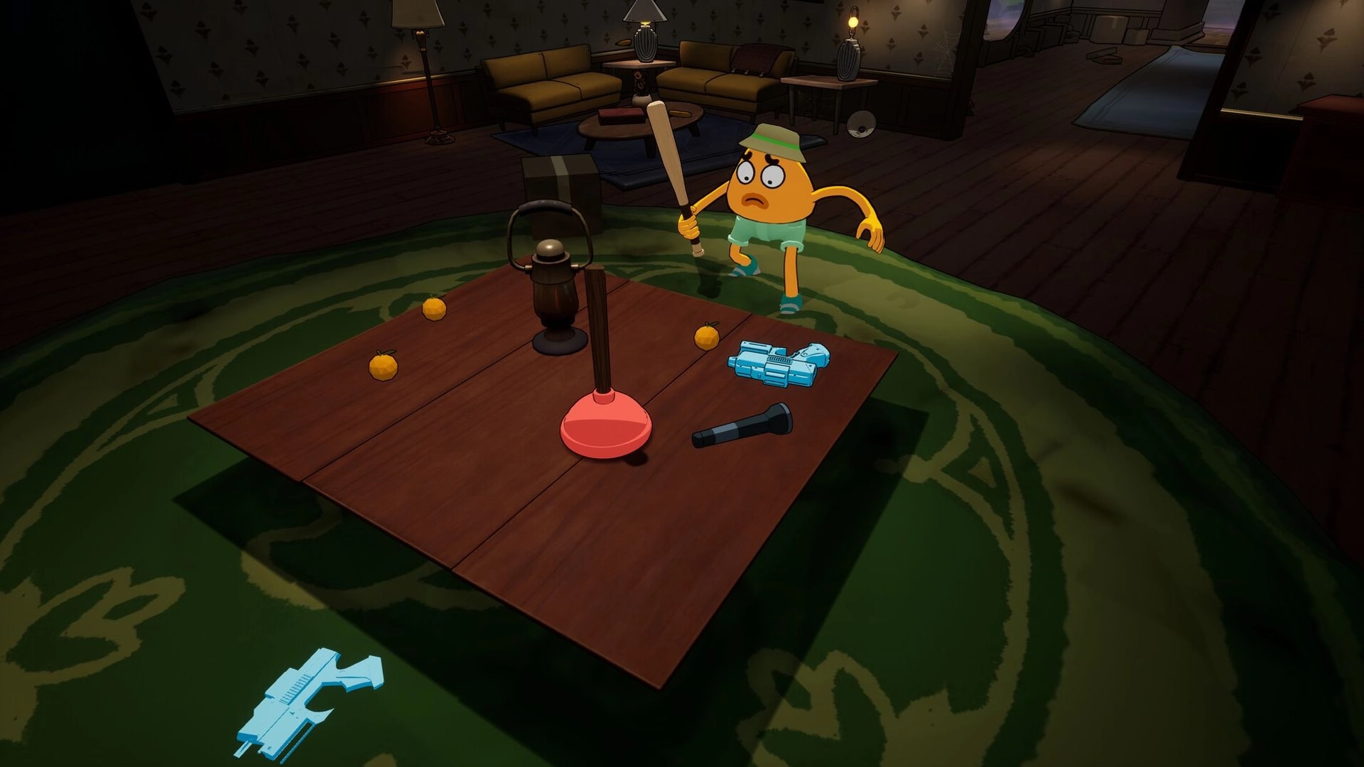 We Gotta Go: Cartoon character with bat near table of items in haunted mansion's dimly lit room.