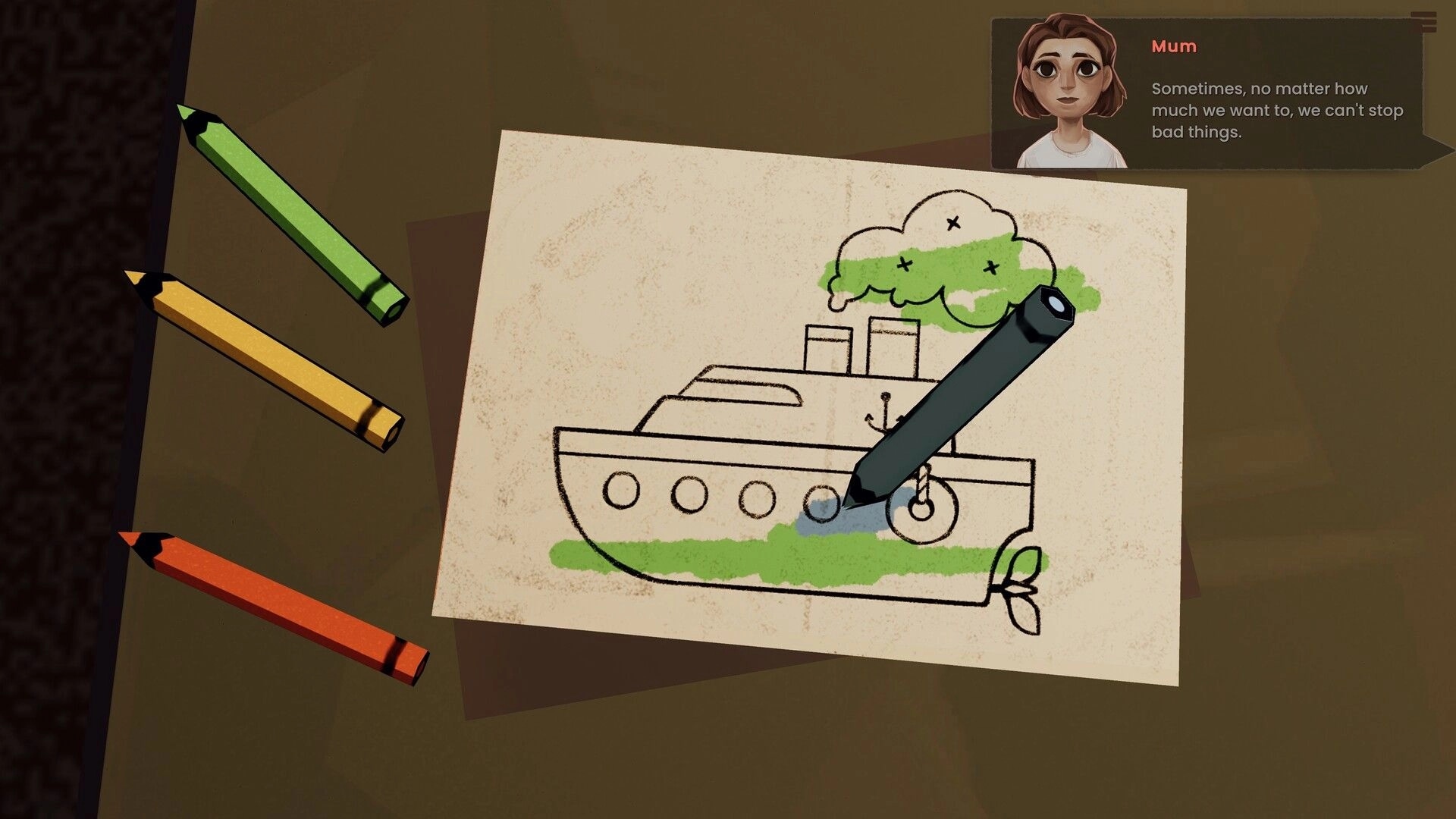 We Grew Up in War: Child coloring ship drawing with crayons, dialogue from Mum visible in top corner