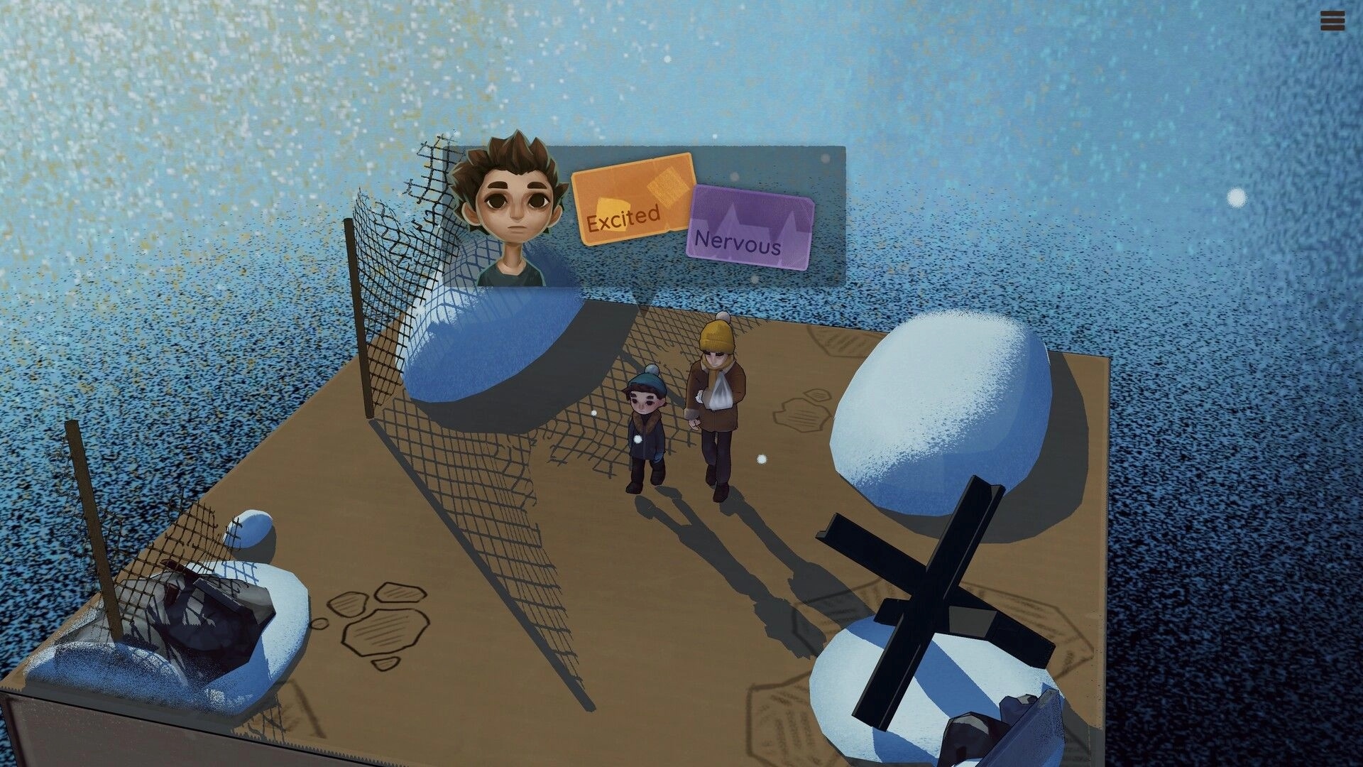 We Grew Up in War: Two children walk hand in hand through snowy terrain, emotion choices above them