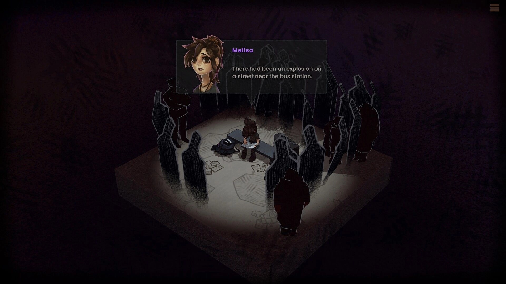We Grew Up in War: Melisa sits on a bench surrounded by shadowy figures in a dimly lit scene