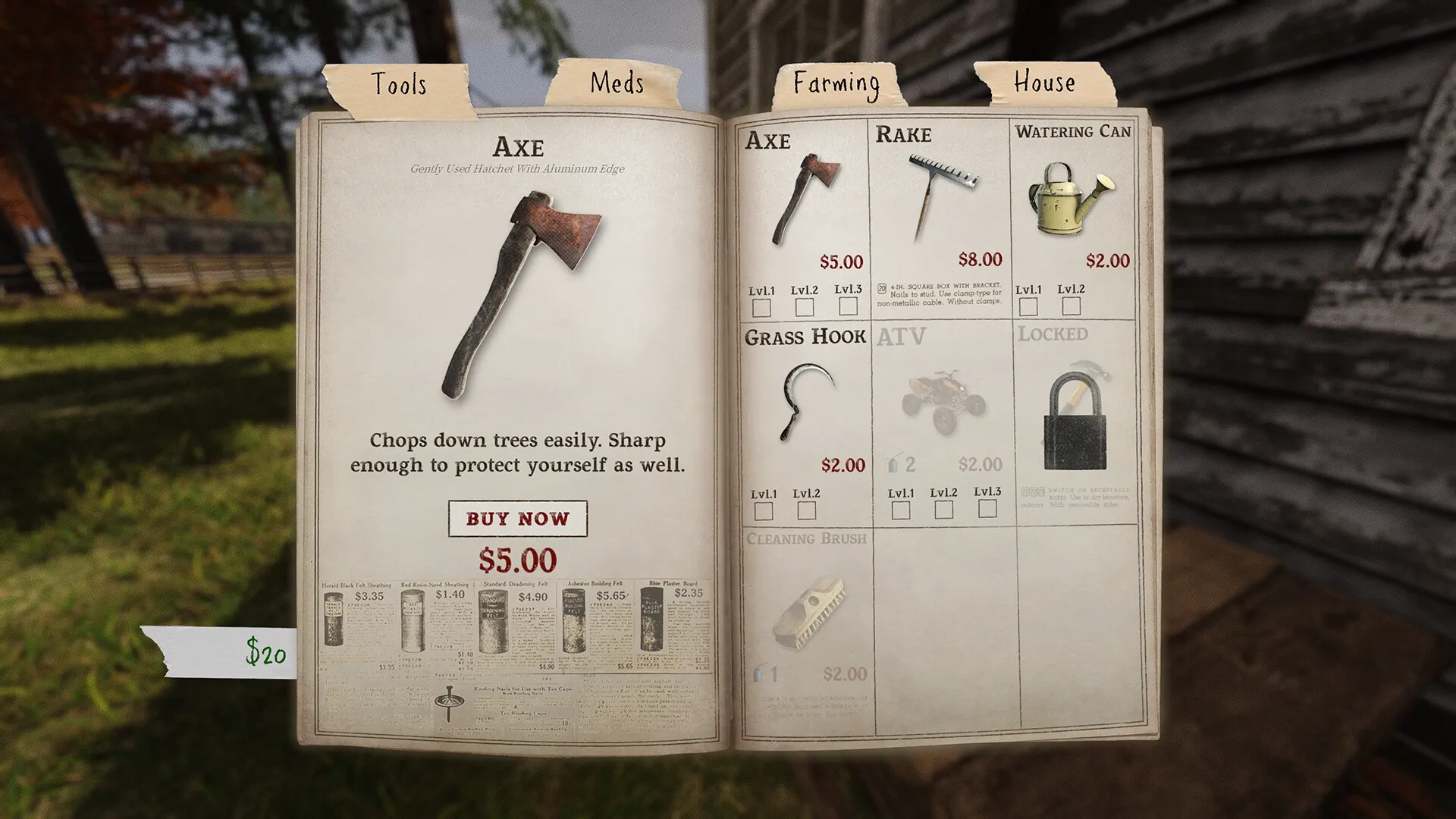 We Harvest Shadows: Tool purchase menu with axe, rake, and watering can in a rustic farm setting