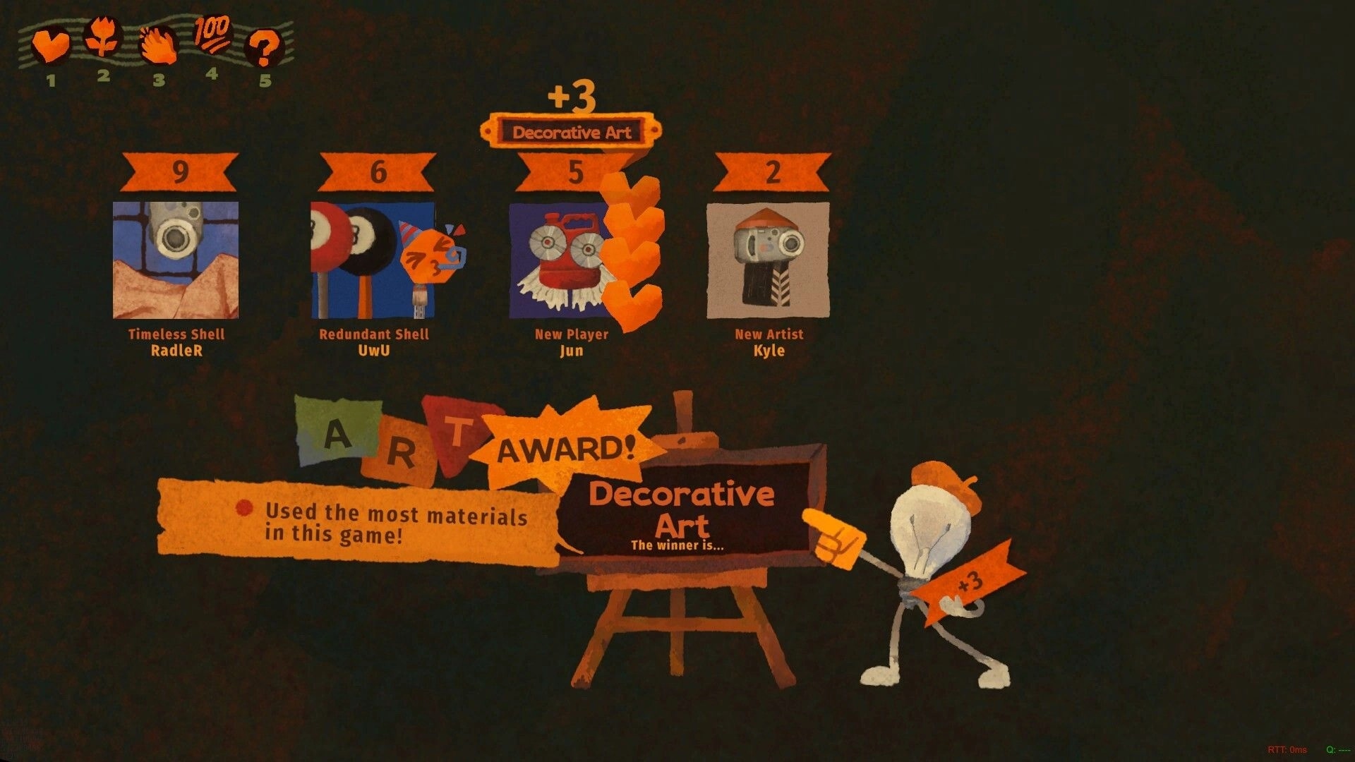 We, Junk Artists: Decorative Art award results with player collages and scores on campfire stage UI.