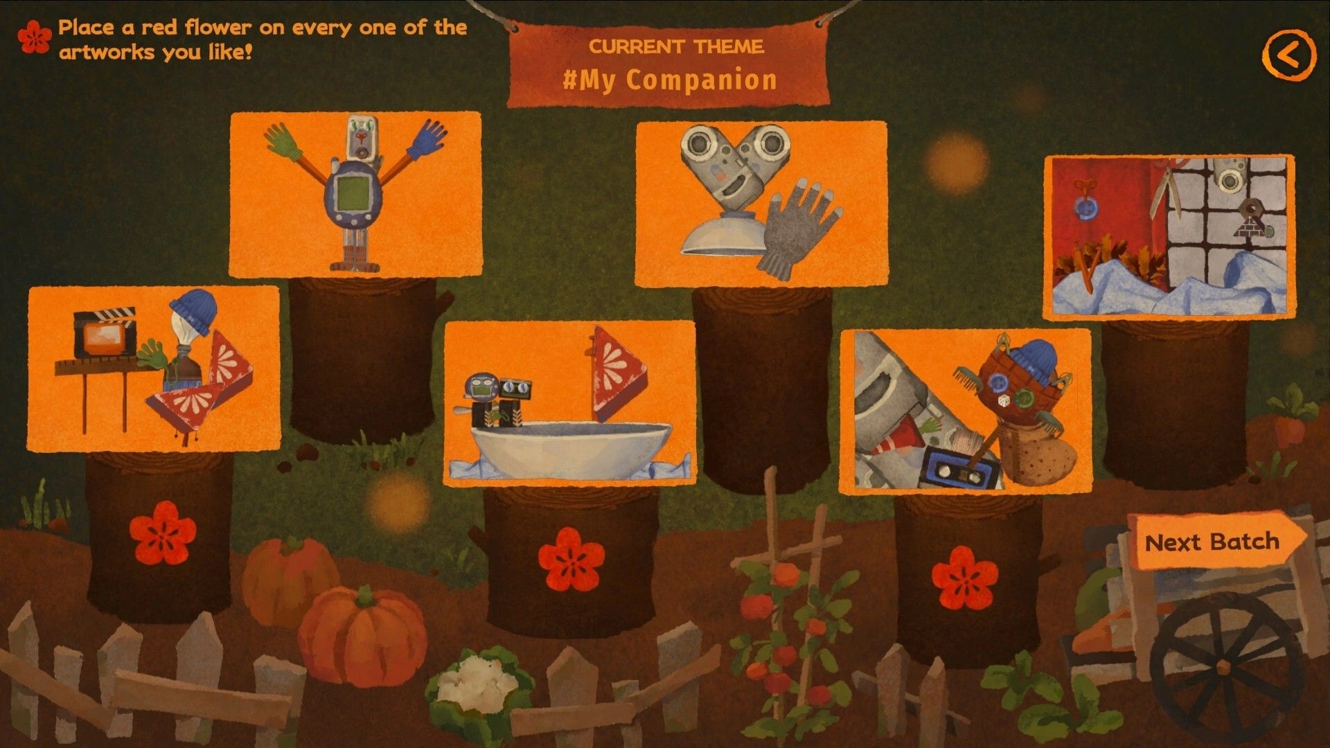 We, Junk Artists: Gallery voting on #My Companion collages pinned to logs in a forest camp UI.