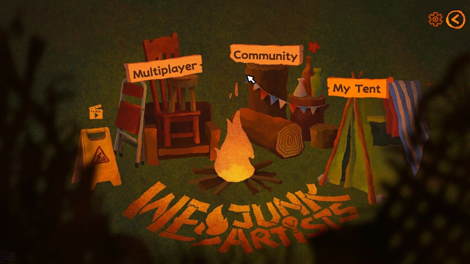 We, Junk Artists: Main menu with Multiplayer, Community, My Tent buttons around a campfire campsite.