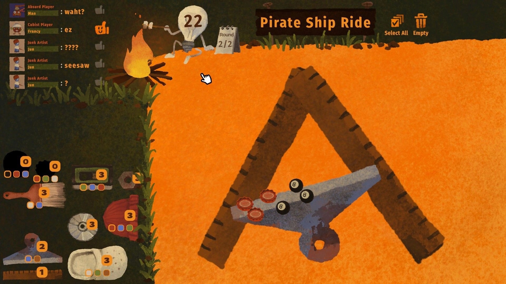 We, Junk Artists: Pirate Ship Ride collage with planks and tools on an orange campfire board.