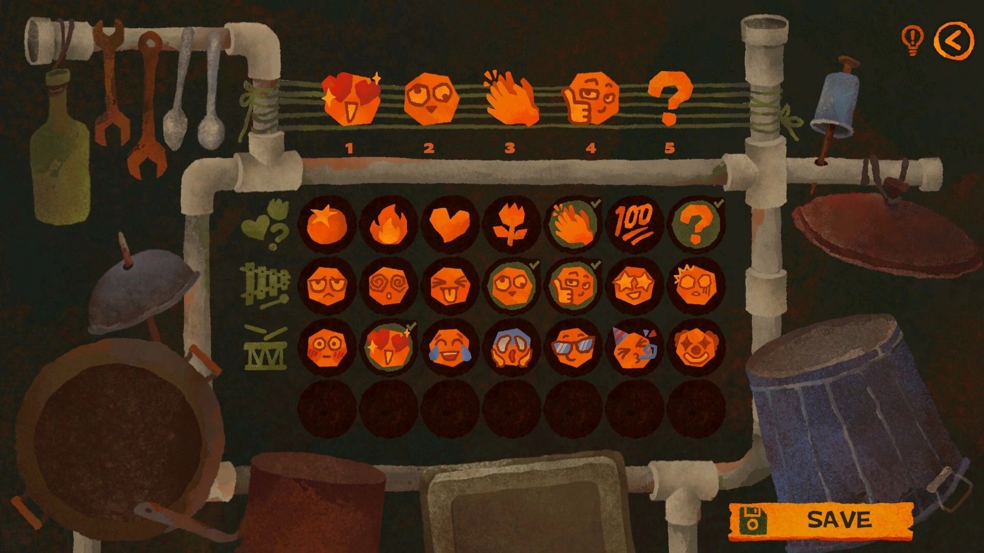 We, Junk Artists: Emote selection grid with numbered icons and a Save button on a junkyard UI rack.
