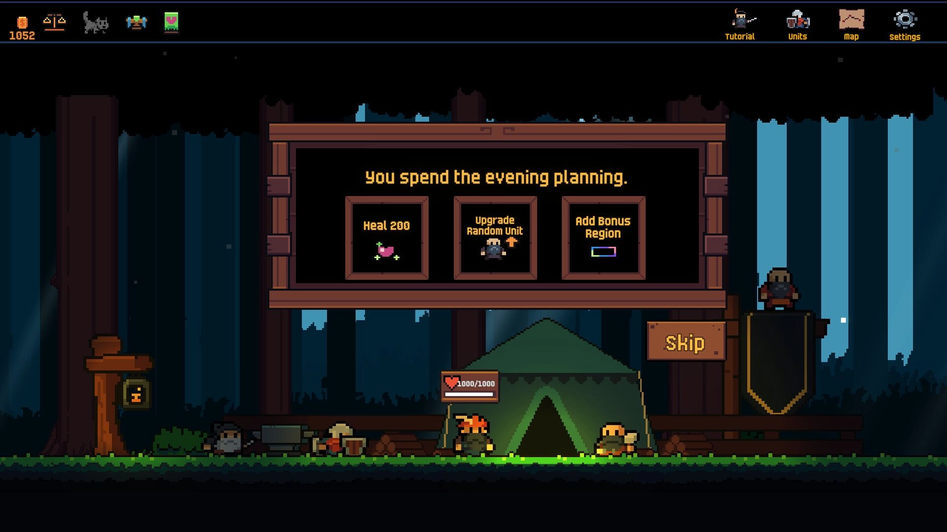 We Need An Army: Camp planning menu with heal, upgrade unit, and bonus region choices in forest camp.