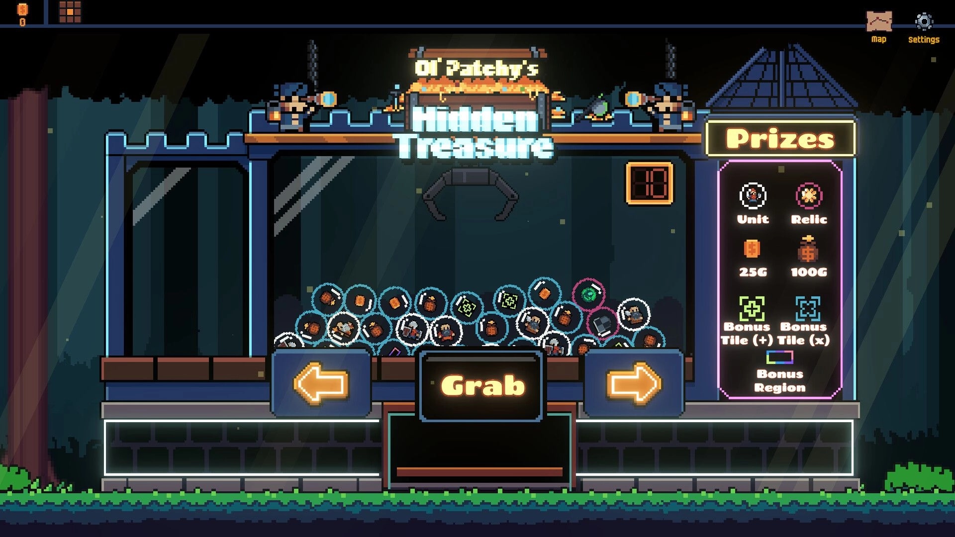 We Need An Army: Ol' Patchy's Hidden Treasure grab minigame with prizes panel in pixel arcade booth.