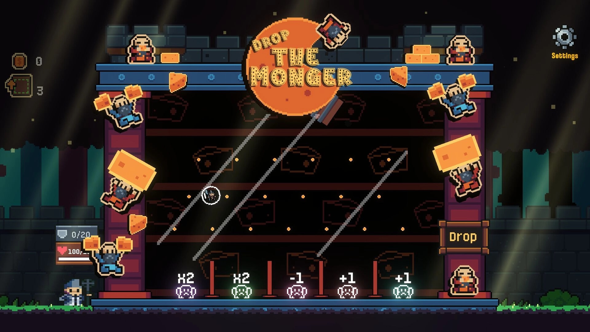 We Need An Army: Drop the Monger minigame with units holding cheese blocks in a castle arena.