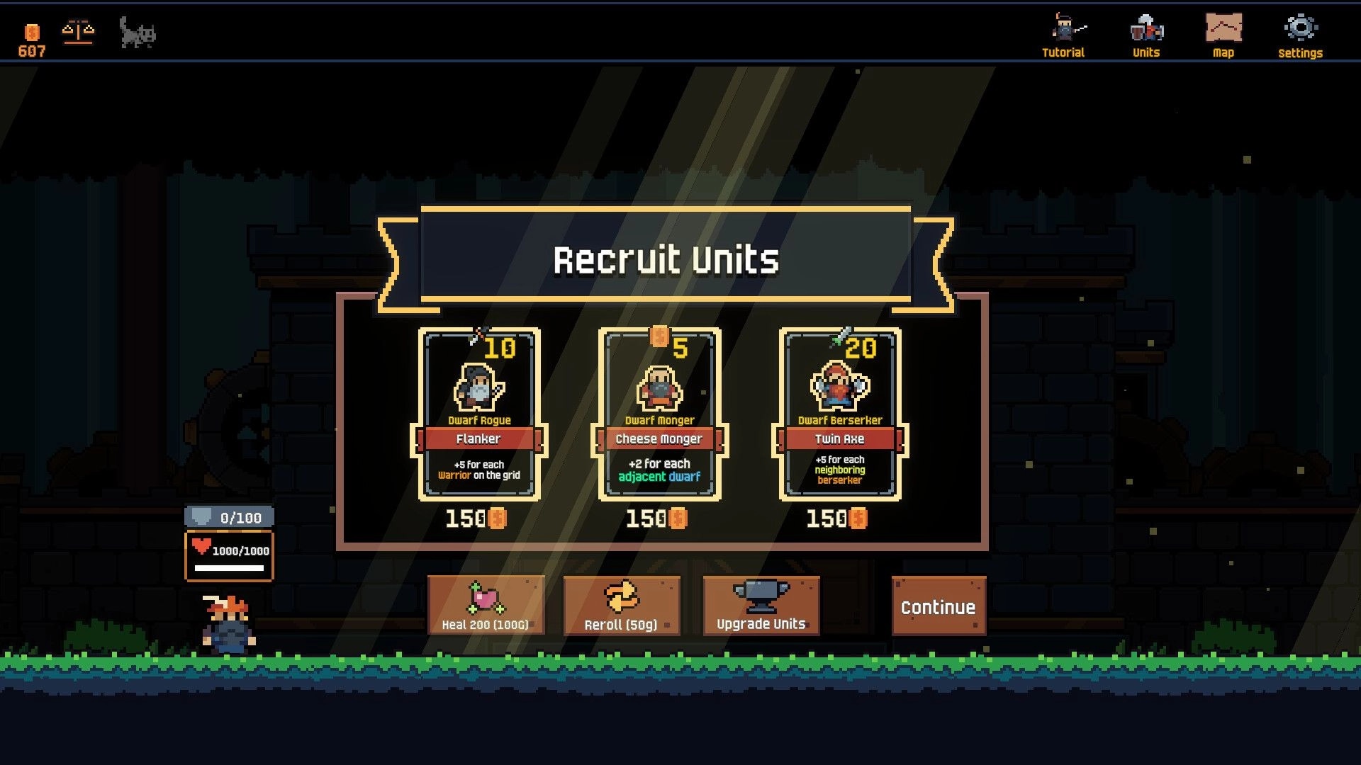 We Need An Army: Recruit Units shop with three dwarf cards and reroll/upgrade buttons in dungeon hub.