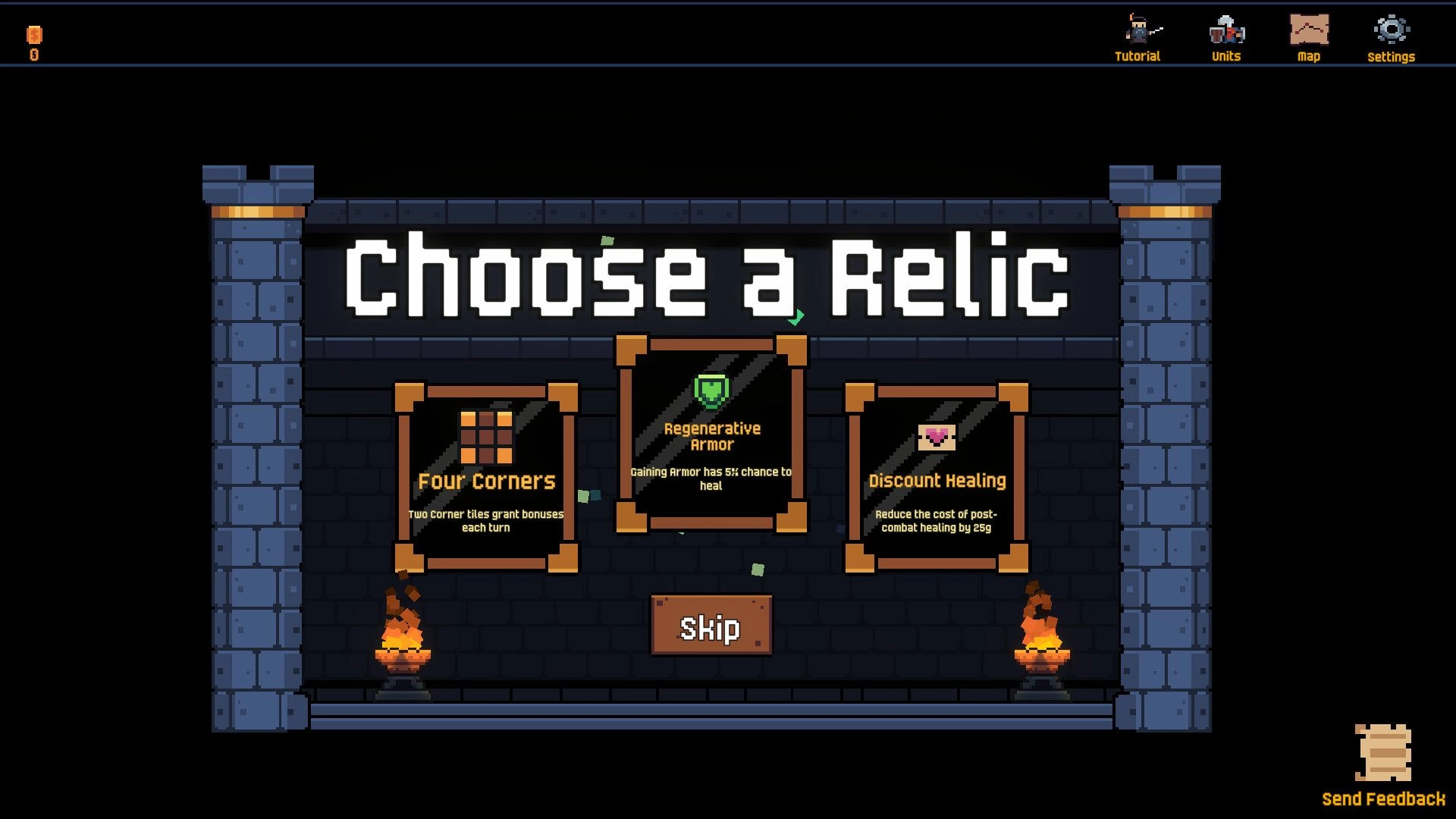We Need An Army: Choose a Relic menu with three relic cards and Skip button in stone hall UI.