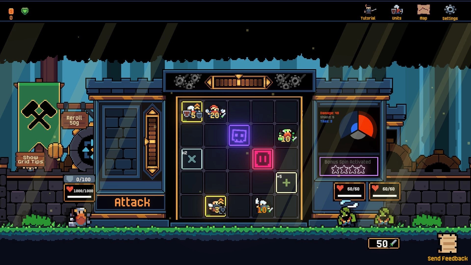 We Need An Army: Slot grid with unit icons and Attack button in a workshop menu with stats panels.