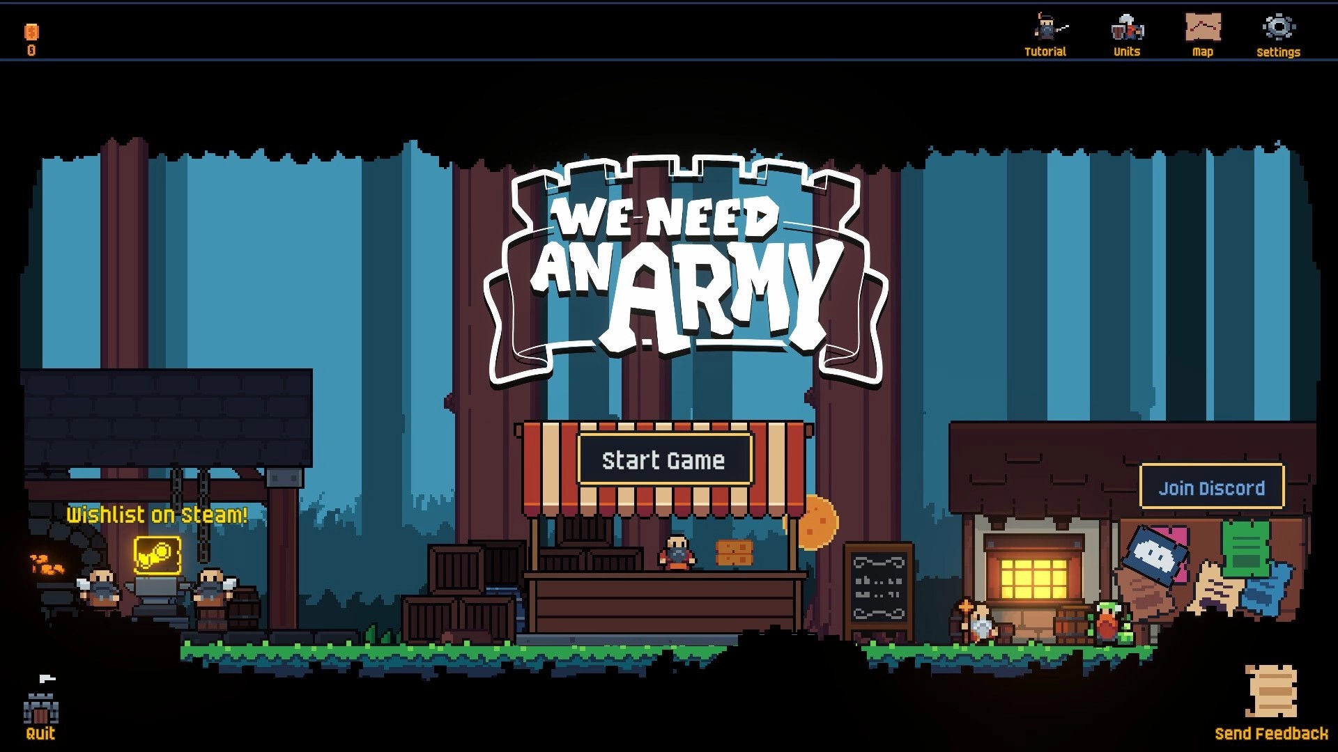 We Need An Army: Main menu with Start Game button and icons in a pixel forest camp hub scene.
