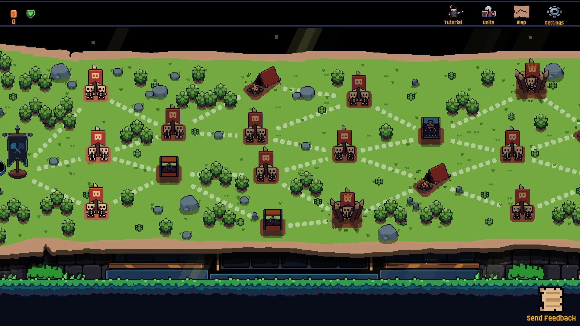 We Need An Army: Overworld map with branching paths between battle nodes, camps, chests, and bosses on grassland.
