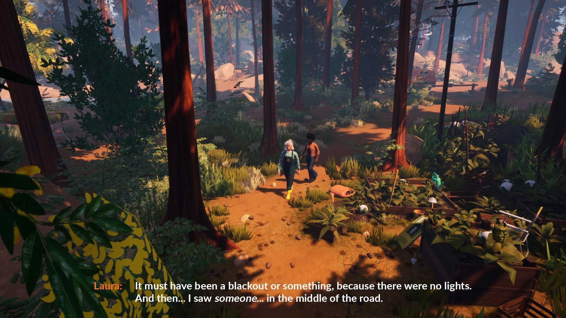 We Stay Behind: Laura and another character walking through a dense forest with dialogue at the bottom
