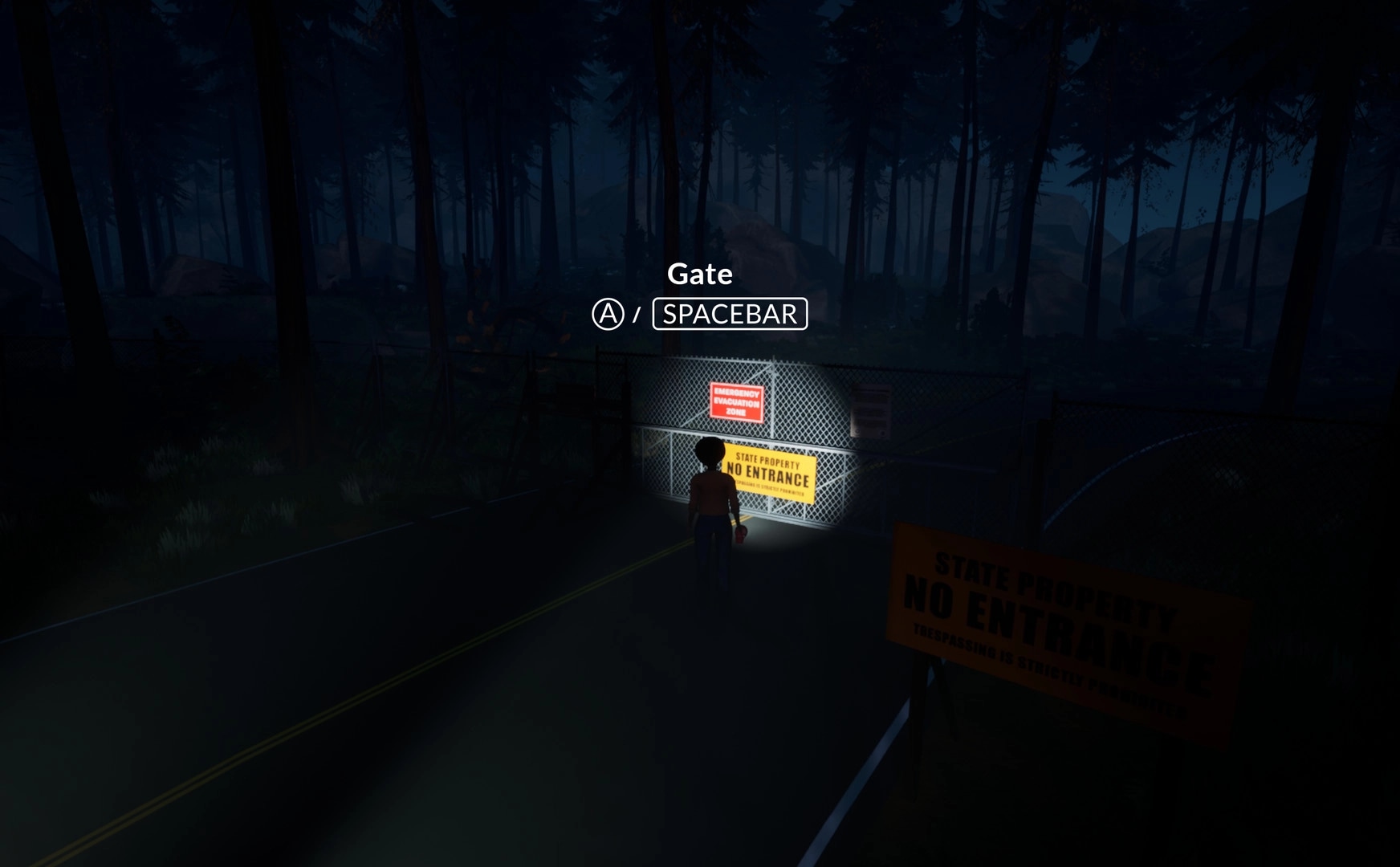 We Stay Behind: Character approaches gated entrance in dark forest with interaction prompts displayed