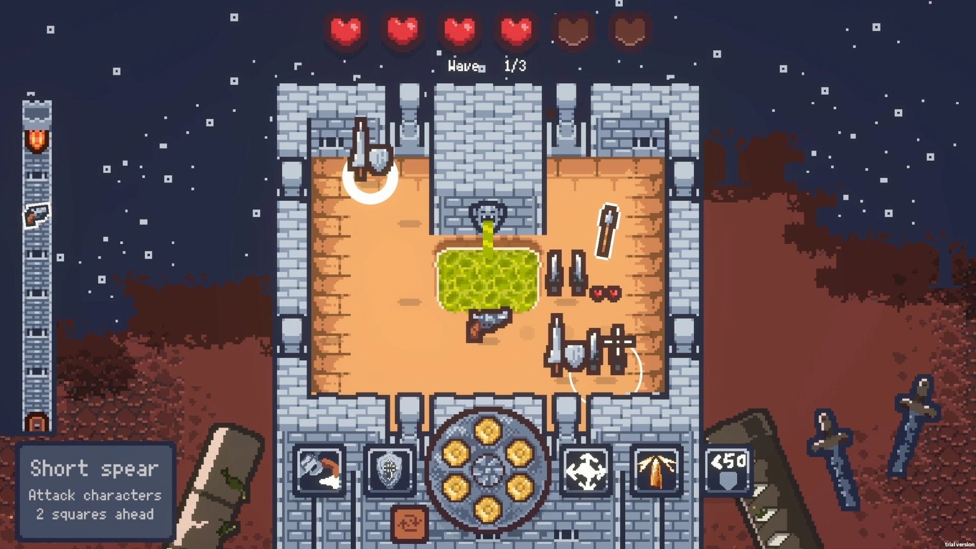 Weapons Arena: Top-down castle room with weapons, hearts, and active short spear attack UI elements