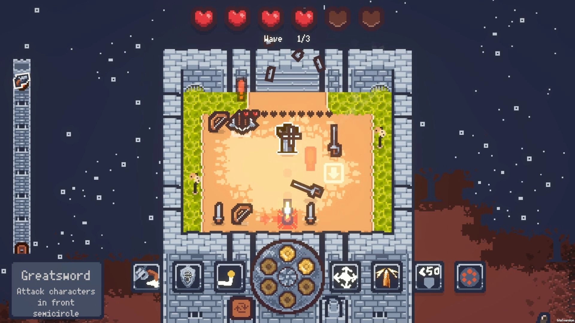 Weapons Arena: Top-down view of player defending against swords with UI showing health and weapon options