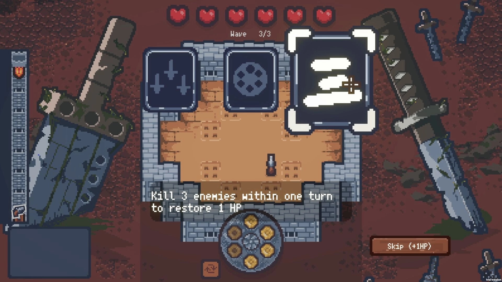 Weapons Arena: Top-down battle with character facing multiple sword icons in a stone-walled arena