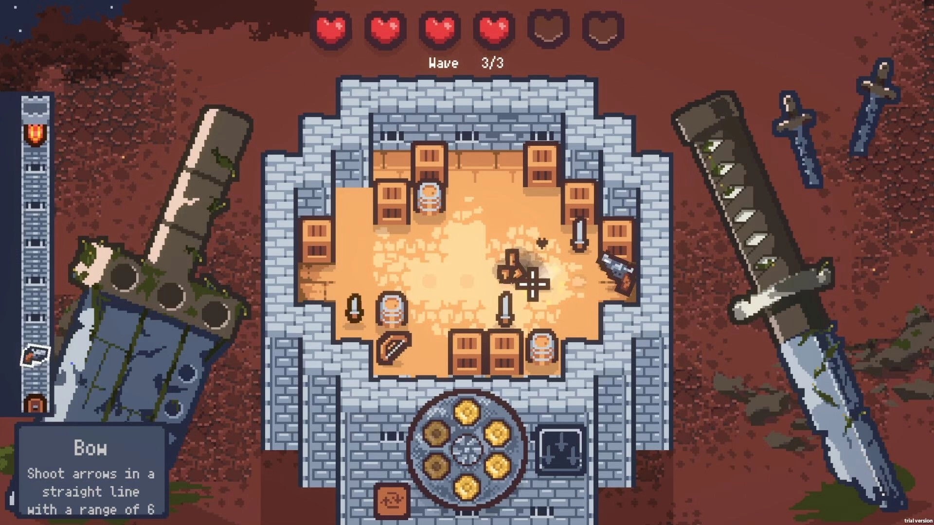 Weapons Arena: Top-down fortress view with swords surrounding player in a strategic defense setup