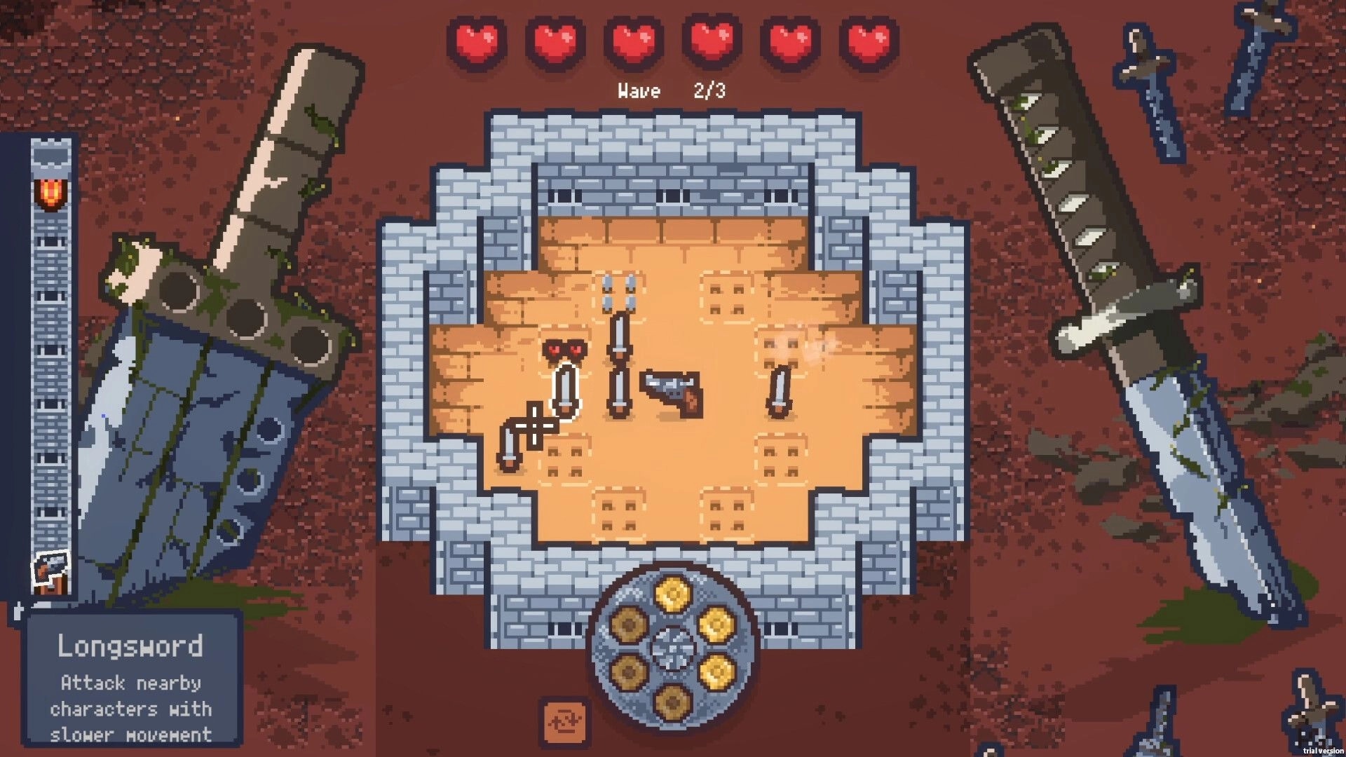 Weapons Arena: Top-down castle defense with swords and guns, wave indicator, and health bar displayed.