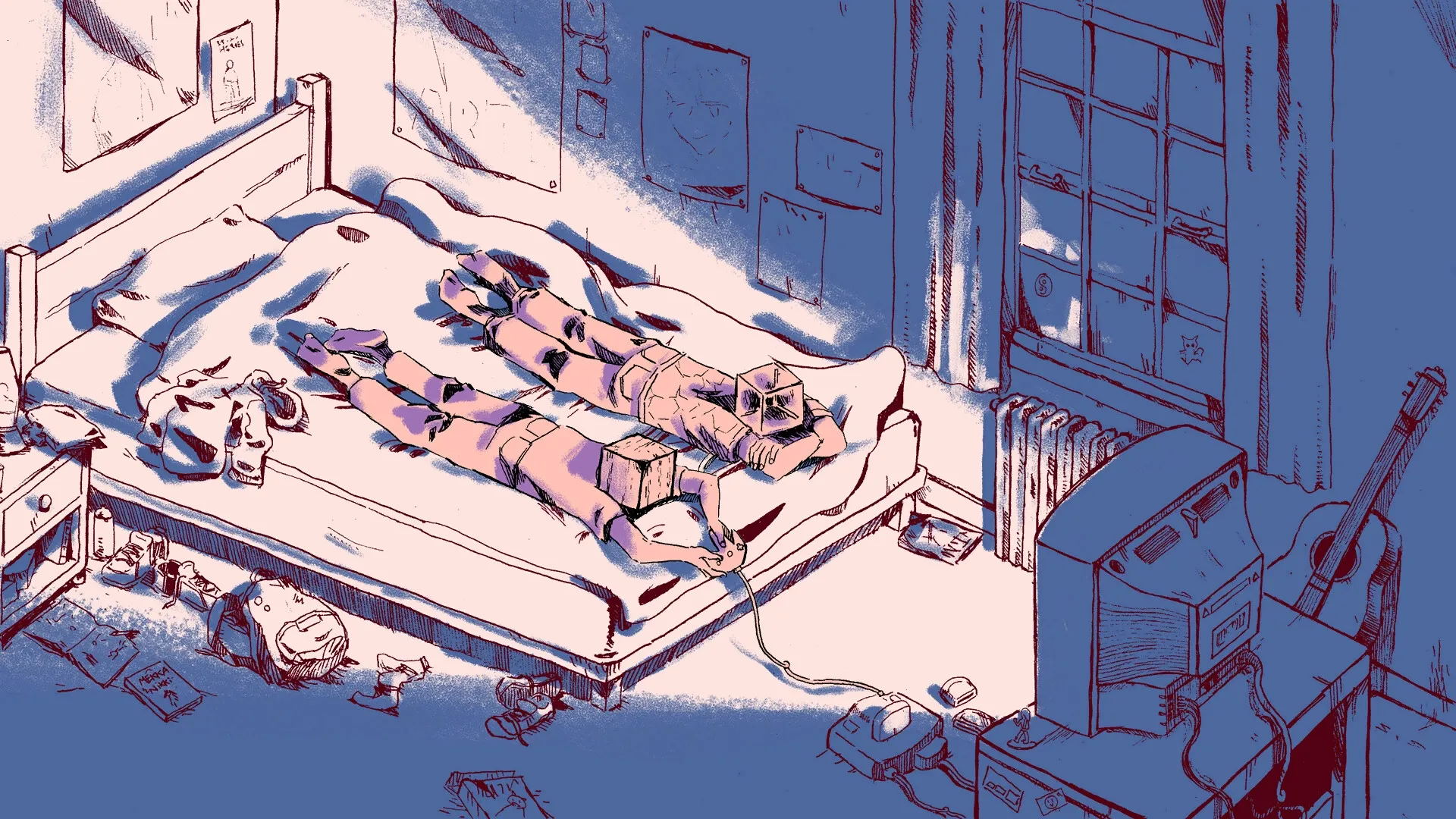 Wednesdays: Two characters with cube heads lying on a bed playing video games in a cluttered bedroom.