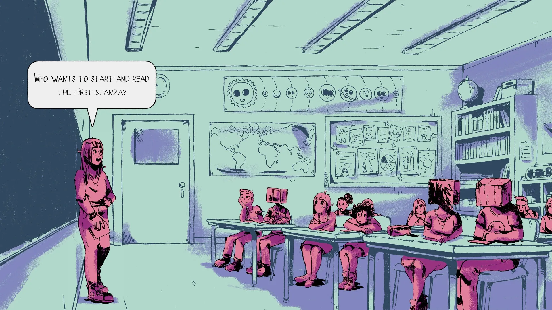 Wednesdays: Teacher asks a question to students sitting at desks in a colorful classroom with posters.