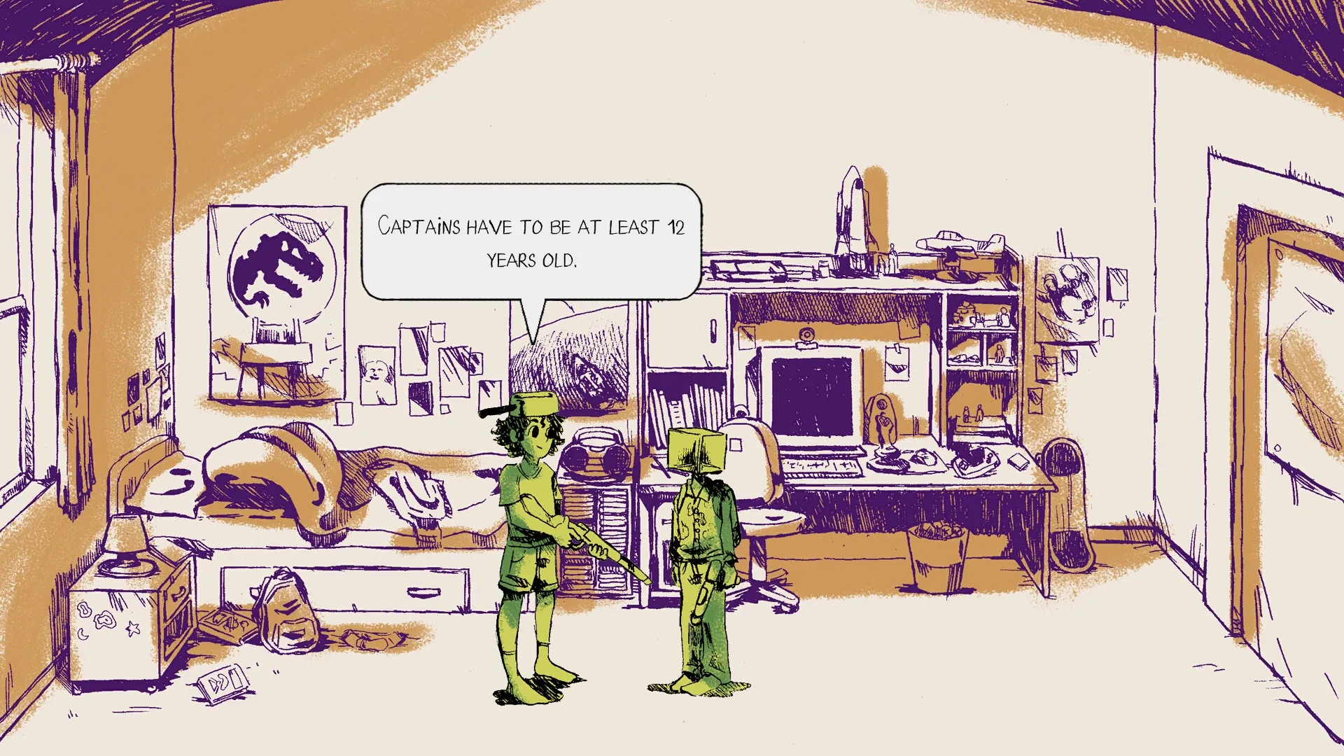 Wednesdays: Two children with paper hats talk in a cluttered bedroom, a speech bubble above them