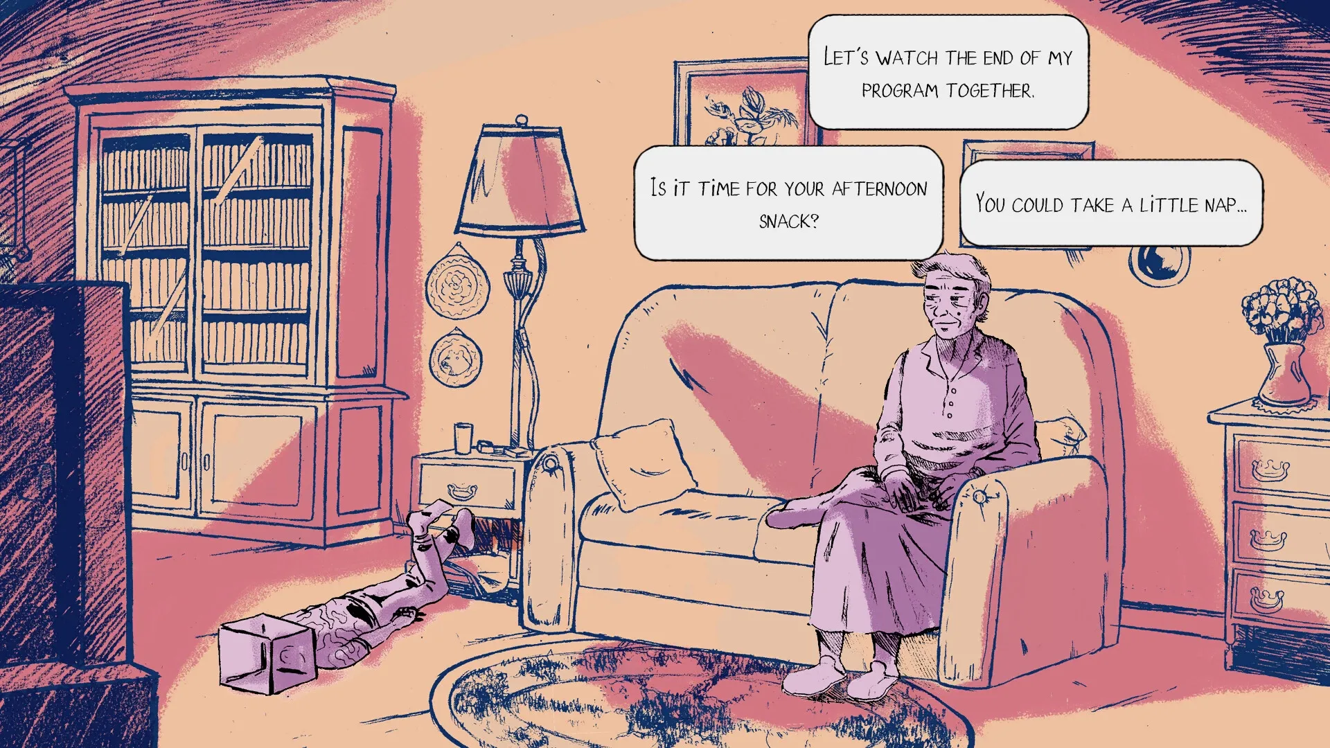 Wednesdays: Elderly woman on a couch in a cozy living room, dialogue bubbles above suggesting activities