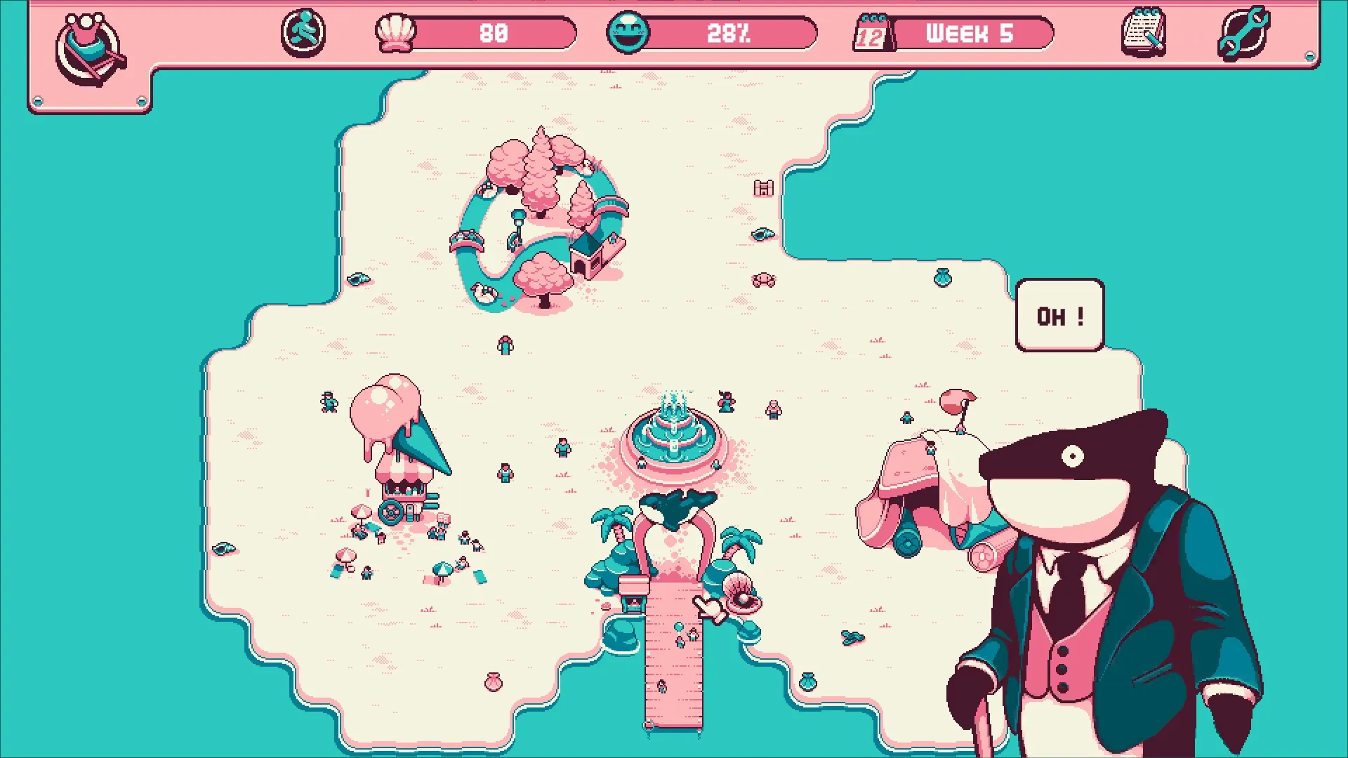 Wednesdays: Character in suit exclaims "Oh!" on pastel island with trees, fountain, and ice cream shop.