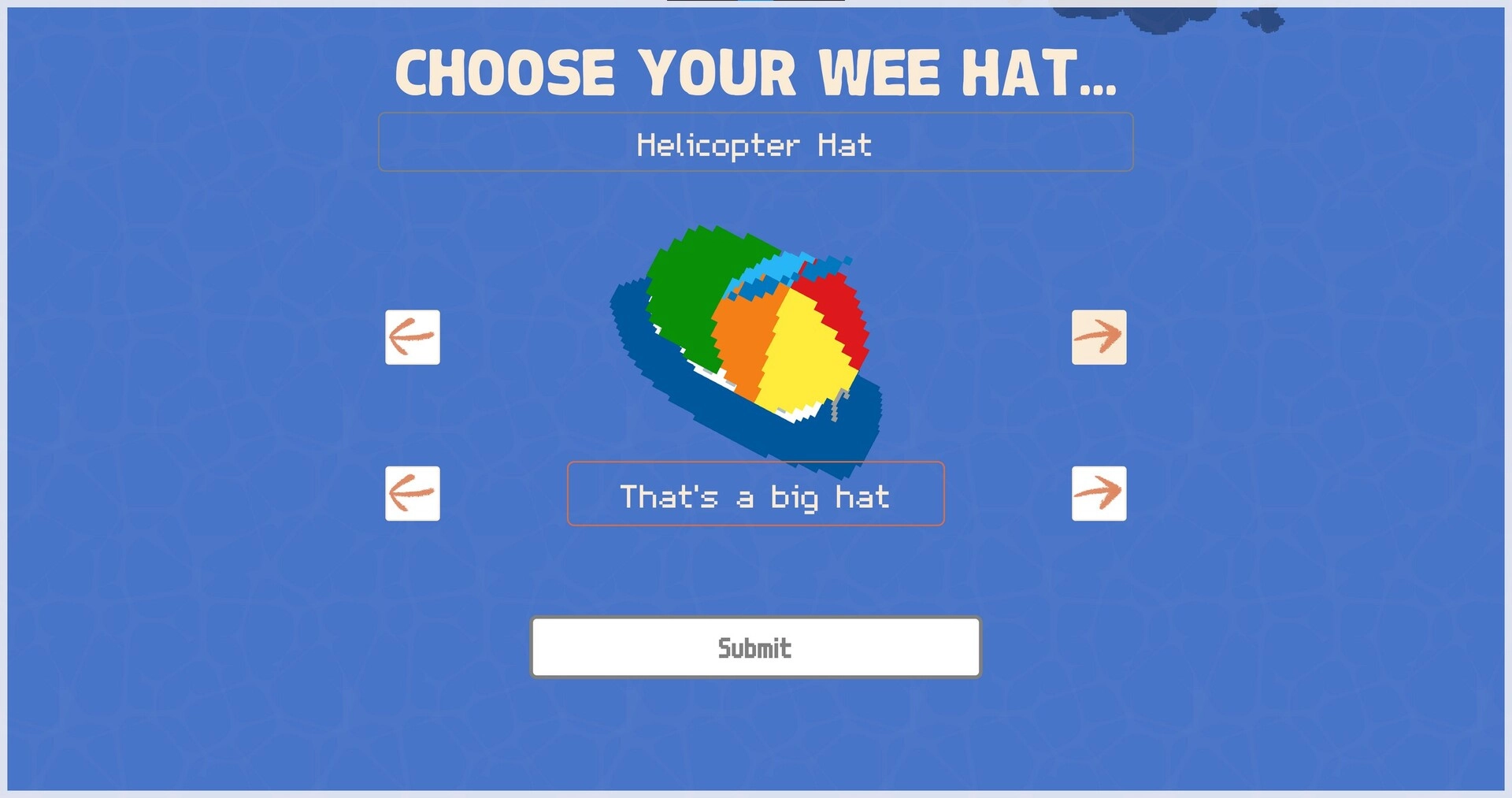 Wee Boats: Hat selection menu with rainbow helicopter hat, arrow buttons, and Submit on blue UI.