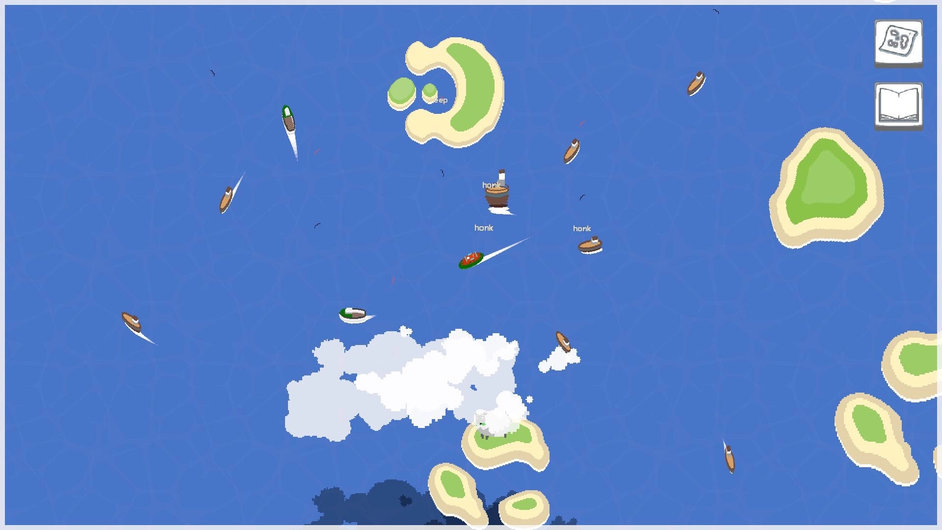 Wee Boats: Tiny boats honking and racing around small islands, map and journal icons on right.