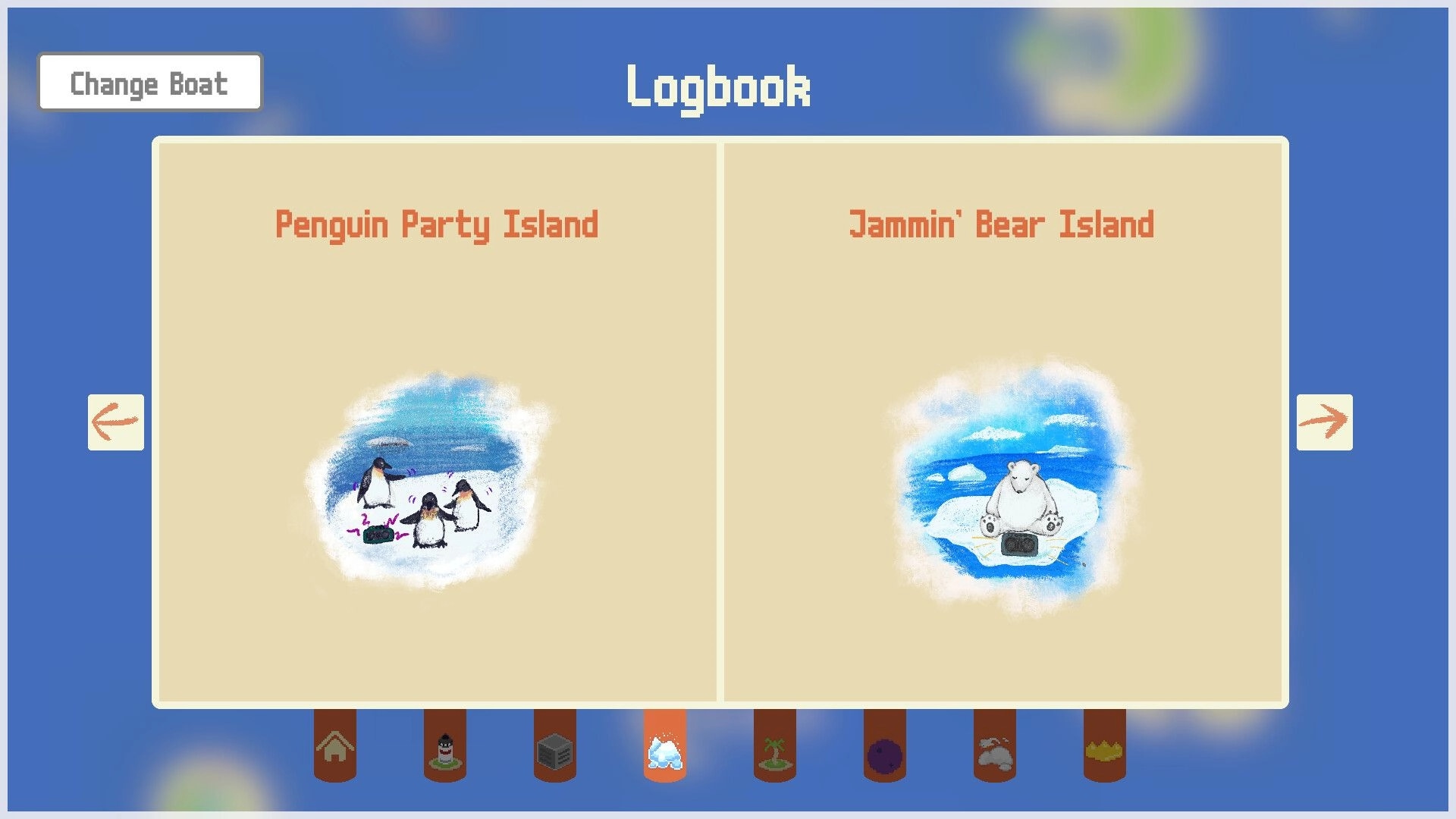 Wee Boats: Logbook menu with Penguin Party Island and Jammin' Bear Island pages on blue UI backdrop.