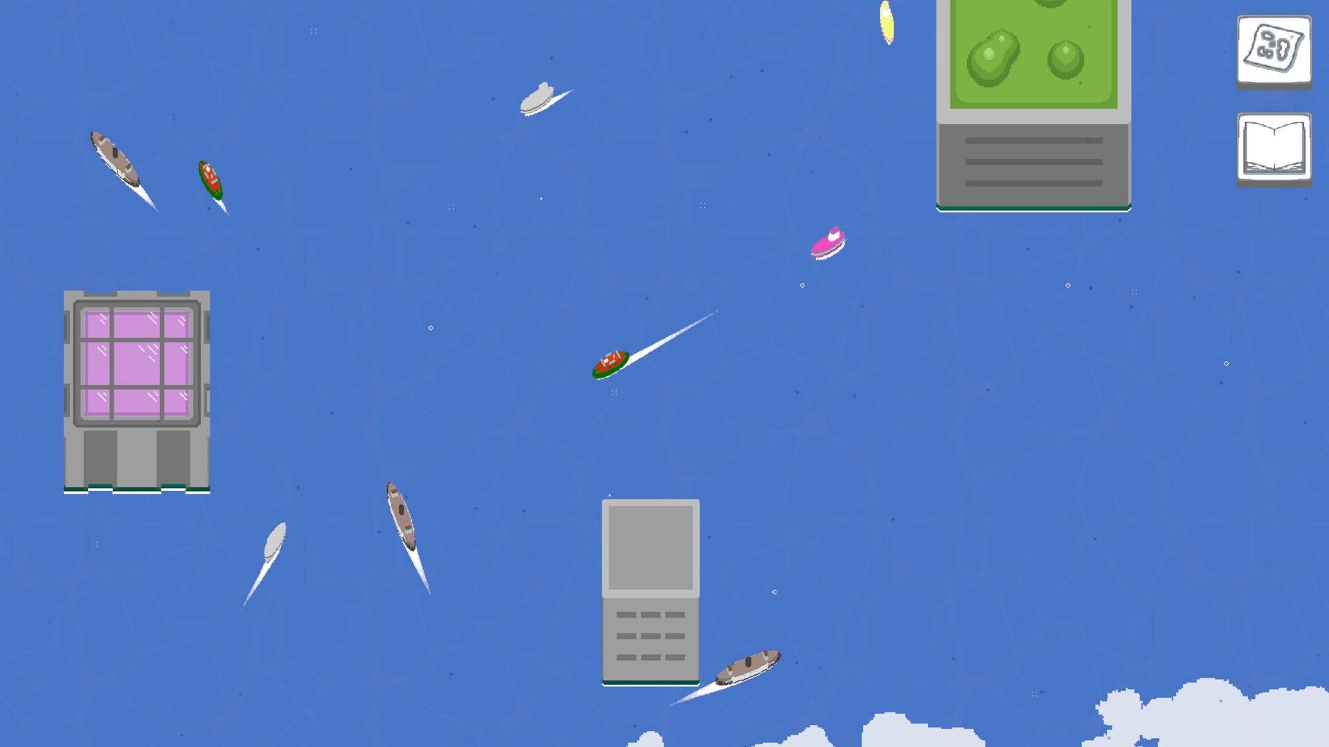 Wee Boats: Tiny boats racing across open water past gray docks, with map and journal icons on right.