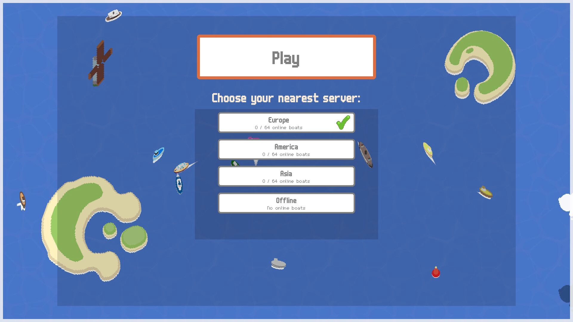 Wee Boats: Play menu with server list for Europe, America, Asia, and Offline over ocean map.