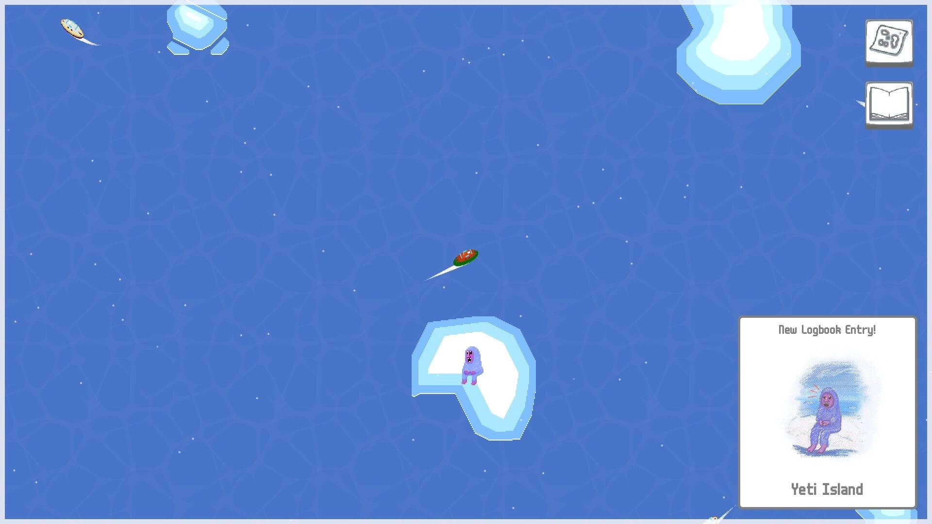 Wee Boats: Tiny boat cruising past ice floes as Yeti stands on an island, logbook pop-up on sea.