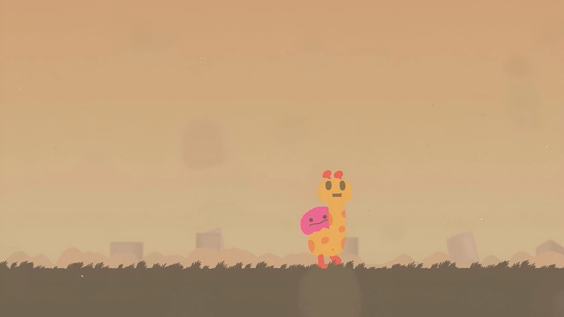 Weefager: Pink creature rides a yellow giraffe-like ally on grassy terrain under a sepia-toned sky