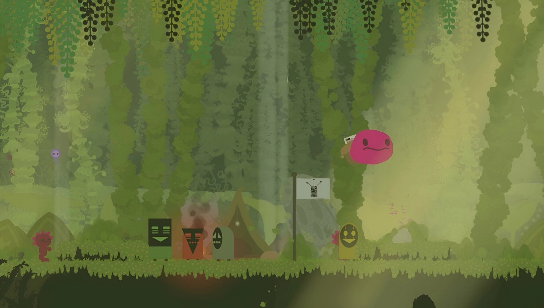 Weefager: Pink creature hovering above a forest path with NPCs and a tent amid lush greenery