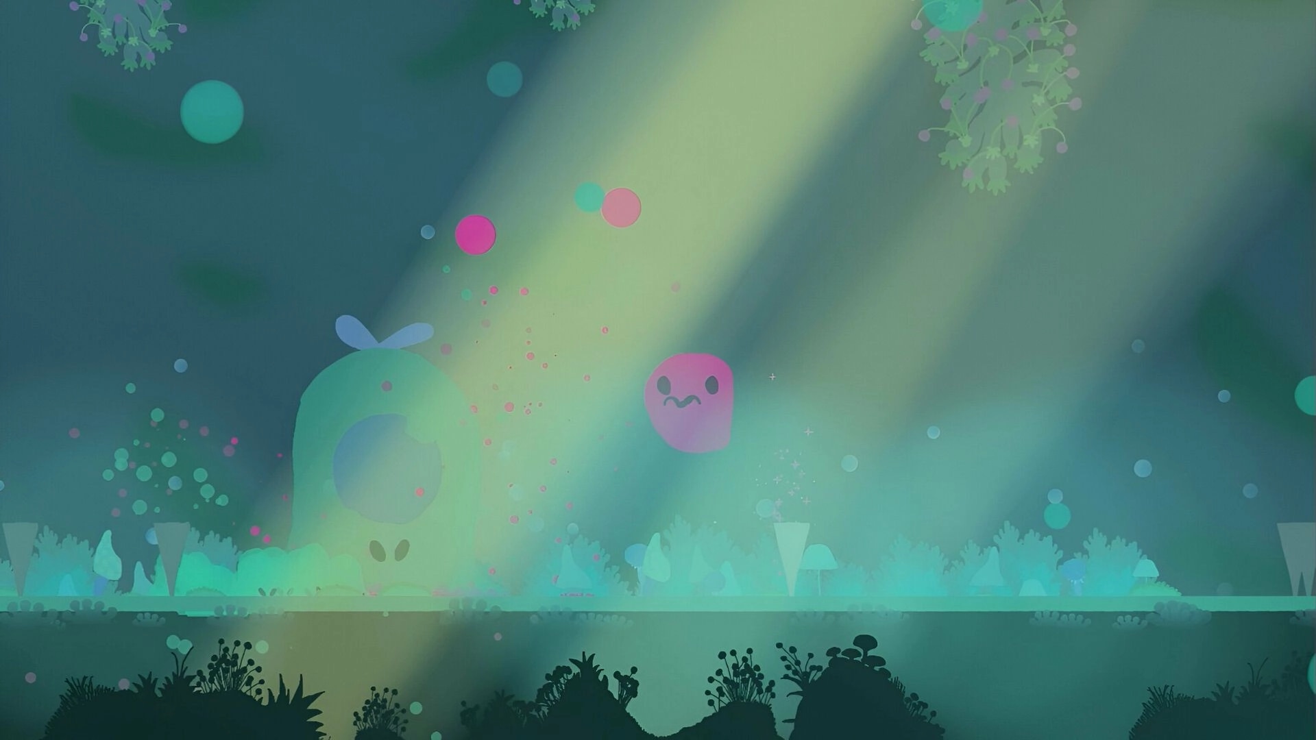 Weefager: Pink creature hovering in a mystical forest with glowing orbs and lush foliage