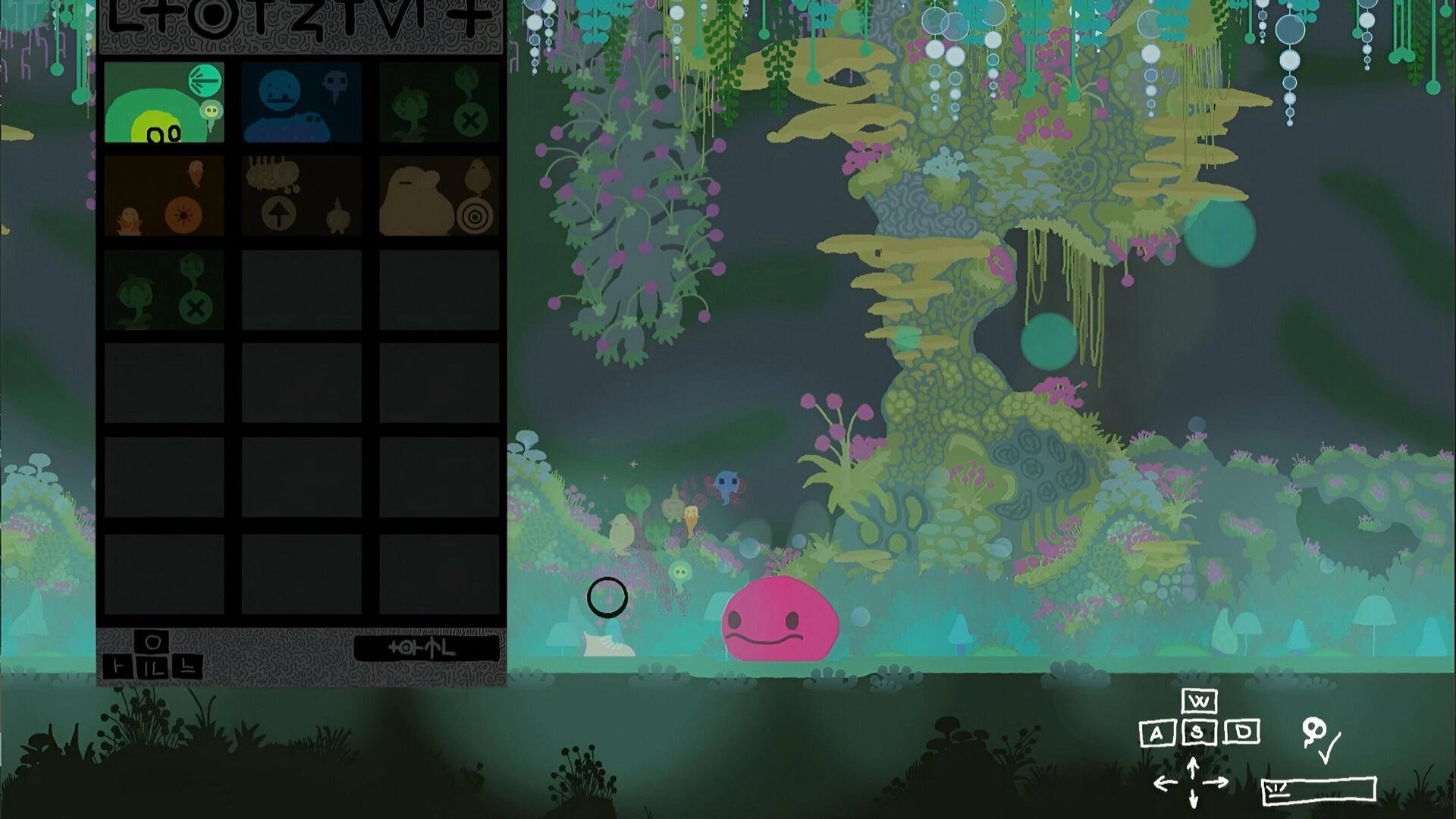 Weefager: Inventory menu open with pink creature exploring a lush, colorful forest environment