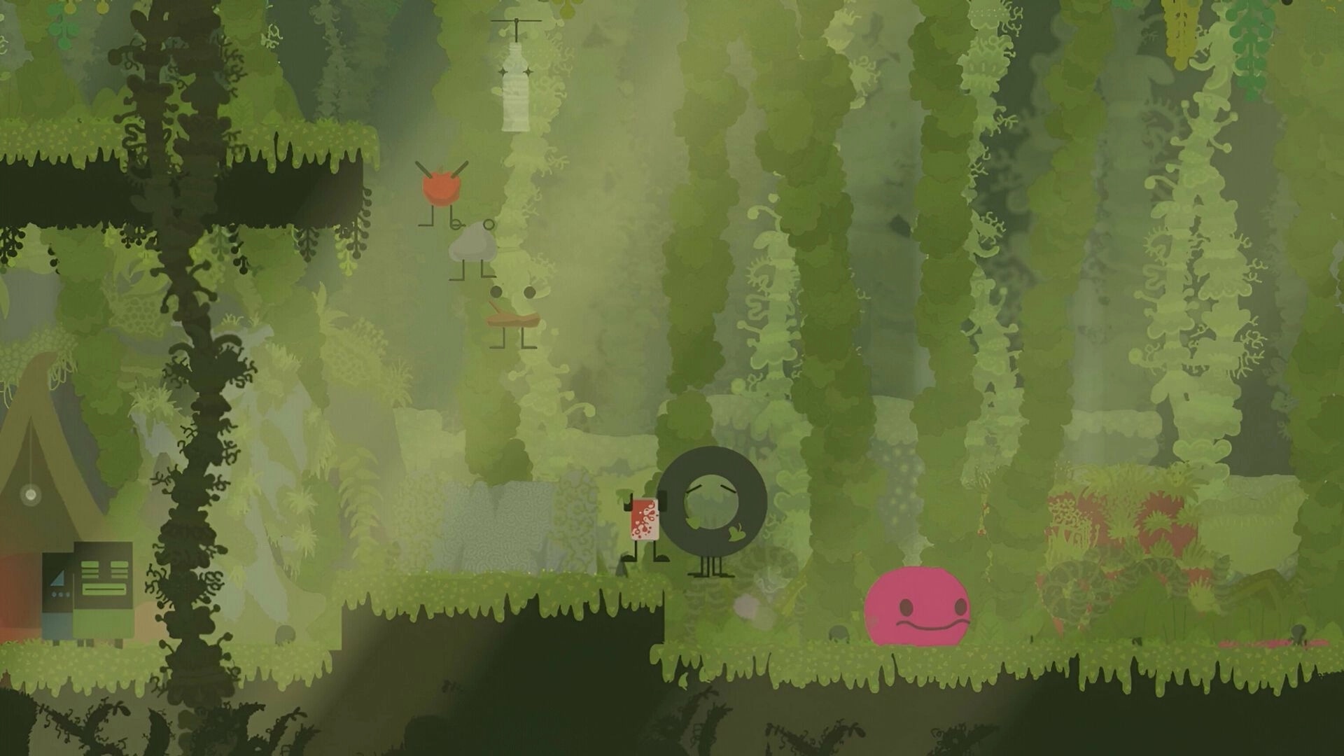 Weefager: Pink creature explores lush forest with mysterious objects and allies in a magical platform world.