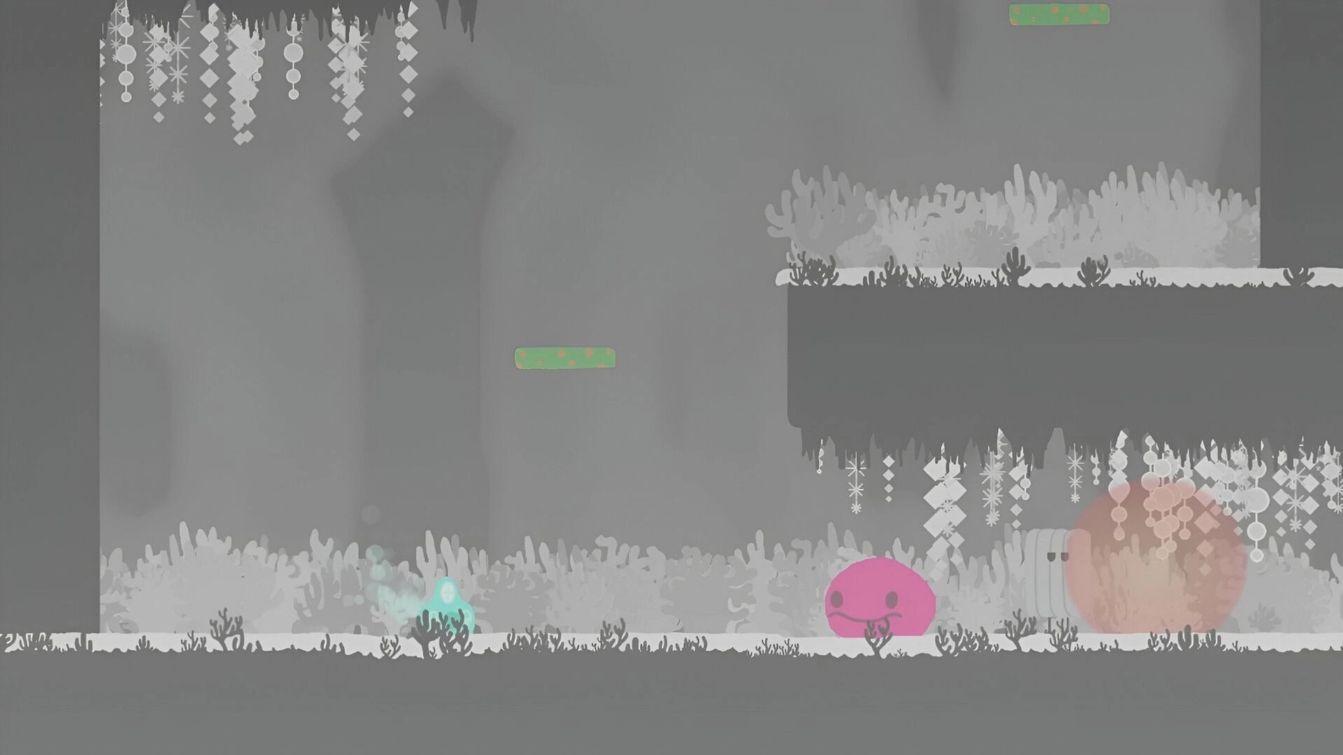 Weefager: Pink creature and allies explore a mystical cave with hanging crystals and platforms.