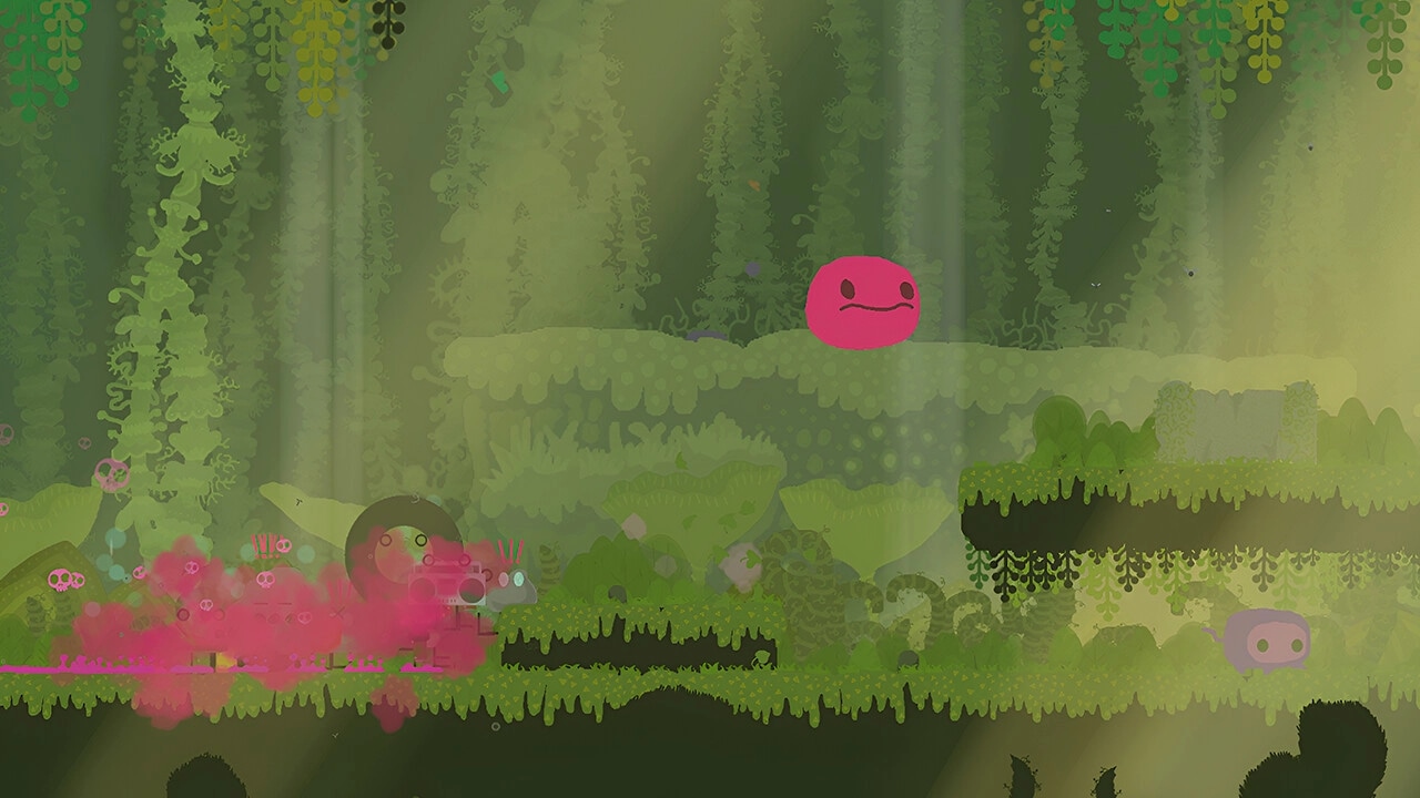 Weefager: Pink creature navigating lush green forest environment with animated allies nearby