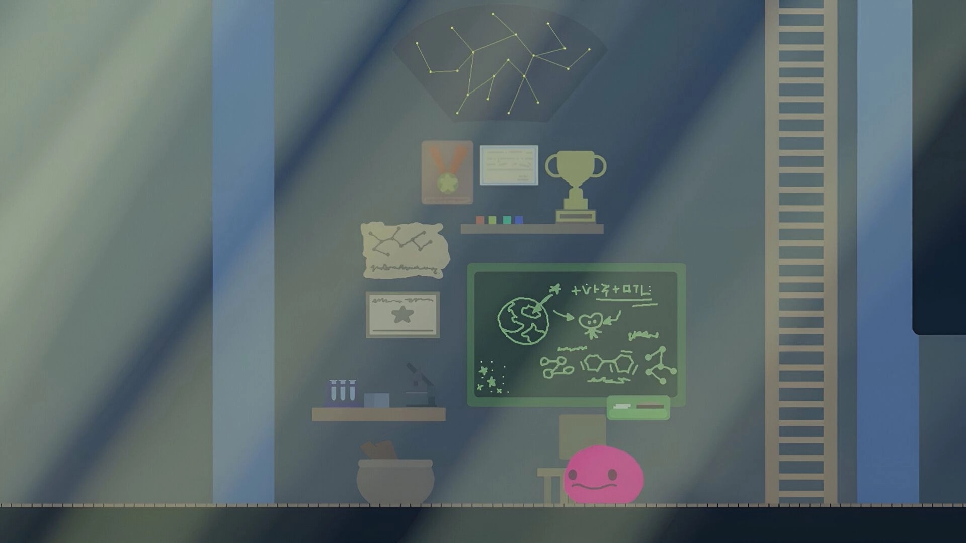 Weefager: Pink creature in a study room with chalkboard, trophies, and constellation diagram on wall